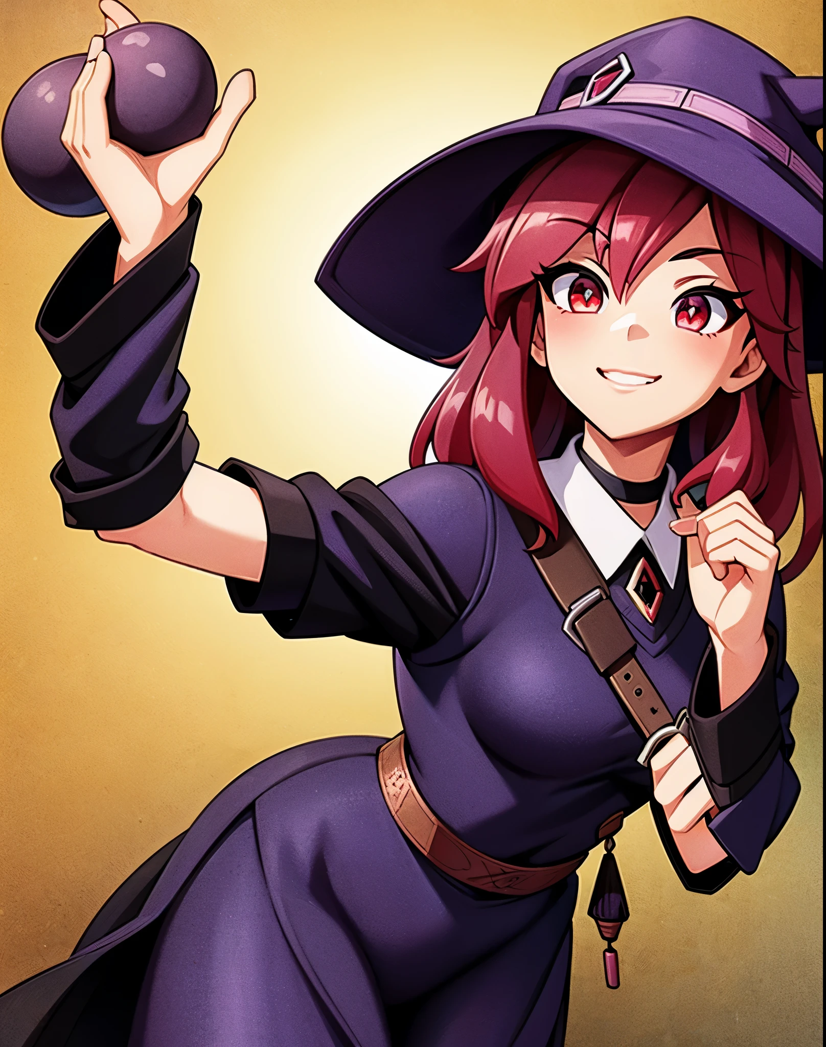 beautiful girl, Red hair, red eyes, dark purple witch clothing