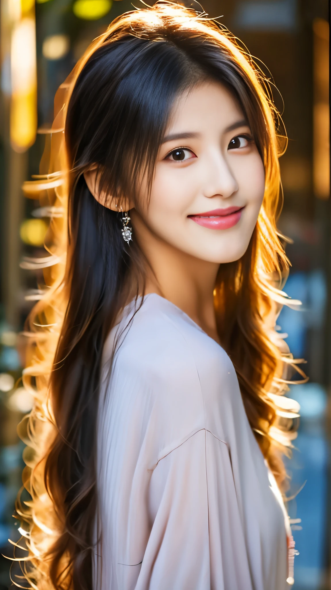 ((Best quality, 8k, Masterpiece :1.3)), 1girl, smiling, full body, slim face, Pretty woman, (Dark brown hair), full length dress :1.1, Ultra-detailed face, Detailed eyes, Double eyelid, blur background, slim face, city, outside, street,