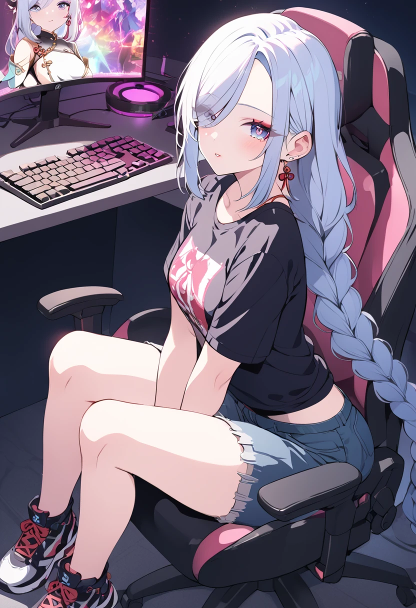 a gamer girl in a graphic tee, baggy jeans, and stylish sneakers, beautiful detailed eyes, beautiful detailed lips, extremely detailed face, longeyelashes, sitting on a gaming chair, gaming setup with a pc, rgb lighting, neon colors, cinematic lighting, vibrant colors, dynamic pose, anime style, digital art, highly detailed, 8k, best quality, masterpiece, shenhe, blue eyes, braided ponytail, earrings, eyelashes, eyeliner, eyes visible through hair, eyeshadow, hair between eyes, makeup, red eyeshadow, sidelocks, single earring, symbol-shaped pupils, tassel, tassel earrings, white hair, long hair, full body
