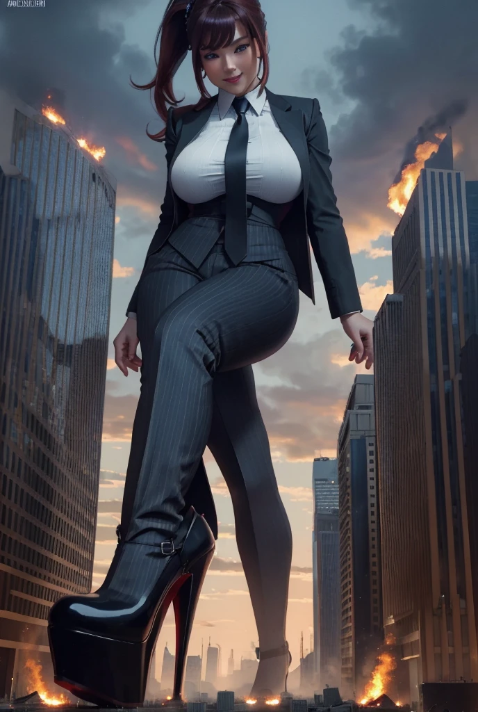 Giantess art, giga giantess in distance, a group of multiple women with beautiful curves, massive thighs, bright ginger hair in a fishtail braid, lipstick, wearing a perfect grey pinstriped trouser and blazer suit, crisp white shirt, and a large purple tie, tied in a windsor knot, with massive breasts. She is wearing black platform high heels and standing on a miniature city, with skyscrapers at her feet, smiling with her huge breasts. This image is highly detailed, photorealistic, best quality, a masterpiece, with cinematic lighting, ultra-detailed, featuring black patent Louboutin pumps, long ponytail hair with front bangs, low altitude photography, a curvy figure, heaving bosom, legs, a mega city, skyscrapers sprawl, destruction at feet, fires, arm, buildings, roads, a cloudy, overcast, hazy atmosphere, and wispy clouds. 