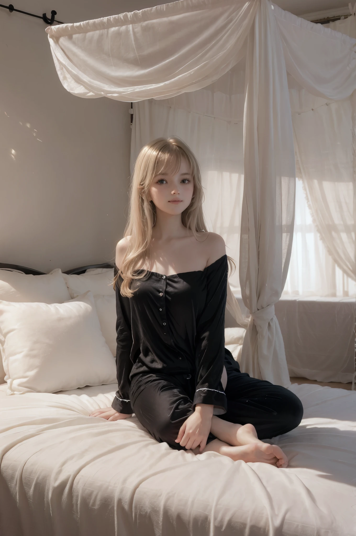 photo of mariya with long blonde hair, bang, NSFW, (petite:1.4), wearing (black pajamas:1.3), sitting on bed in a cute girly bedroom adorned with pastel hues and playful decor. The walls are painted in soft pinks or lavender, with a delicate floral or heart-patterned wallpaper as an accent. A canopy bed with sheer, flowy curtains creates a dreamy atmosphere. Plush stuffed animals and fluffy throw pillows in various shades of pink adorn the bed,
realistic, photorealistic,
High quality, RAW photograph, detailed background, intricate, highly detailed, sharp focus, high resolution, 8k, uhd, dslr, realistic eyes, perfect eyes,