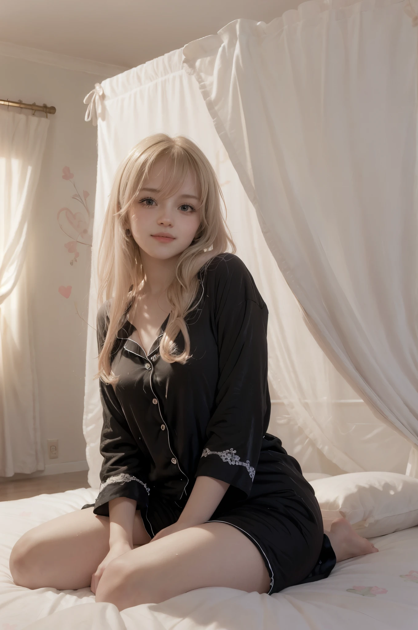 photo of mariya with long blonde hair, bang, NSFW, (petite:1.4), wearing (black pajamas:1.3), sitting on bed in a cute girly bedroom adorned with pastel hues and playful decor. The walls are painted in soft pinks or lavender, with a delicate floral or heart-patterned wallpaper as an accent. A canopy bed with sheer, flowy curtains creates a dreamy atmosphere. Plush stuffed animals and fluffy throw pillows in various shades of pink adorn the bed,
realistic, photorealistic,
High quality, RAW photograph, detailed background, intricate, highly detailed, sharp focus, high resolution, 8k, uhd, dslr, realistic eyes, perfect eyes,