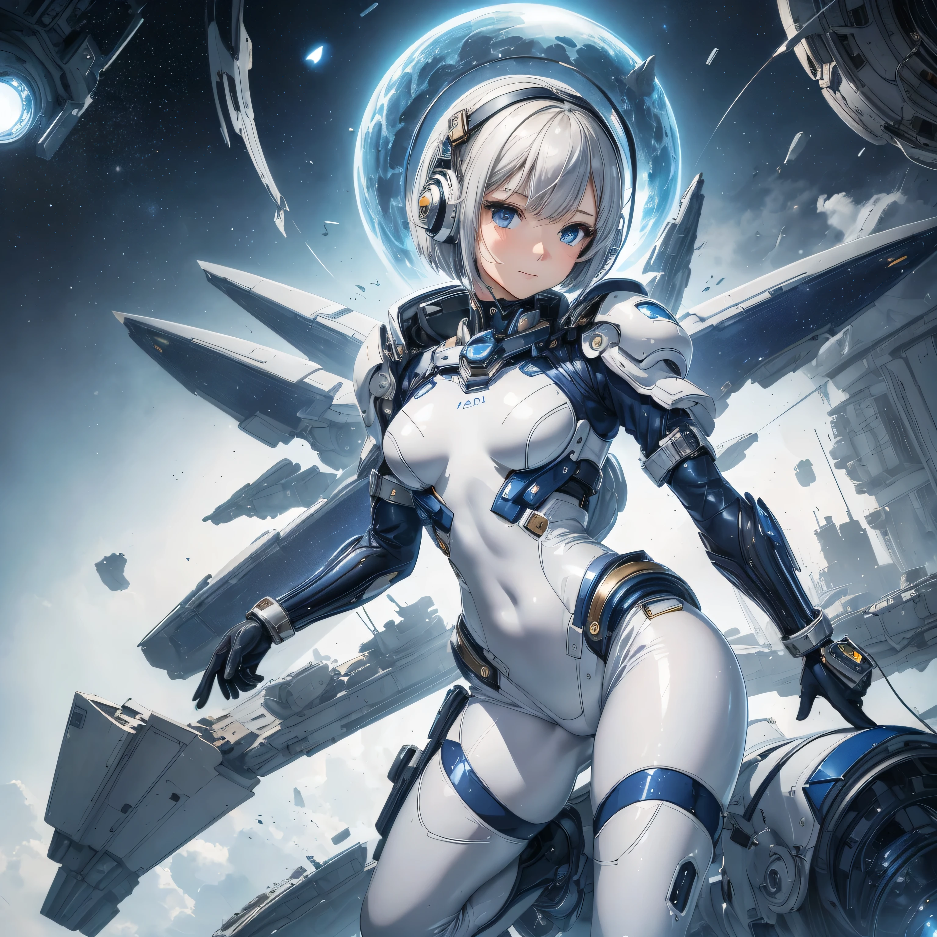 (masterpiece、Best Quality、Highest Resolution、Clear_image、Detailed details): (Whole body、A 20 year old girl、Japanese Faces、Small Face、Slender、Navy blue super short bob cut hair、(Hidden small breasts:1.3)、Sparkling blue eyes、Shiny pilot suit in white, blue and black colors、Chest protection armor、Tight fitting clothes、Clothing that covers the whole body、Glamorous clothes、Tight Fit Pants、Hide your skin、Very delicate and beautiful、Detailed Skin、Hide your thighs、Hide your ass、Cute、A gentle smile、Soft expression、heroine、Headset、Long boots、Elbow-length gloves、Eye Level Shot、Peace talks between warring factions,attention arousal, Clever Blue Eyes,Face directly、Woman on a spaceship)