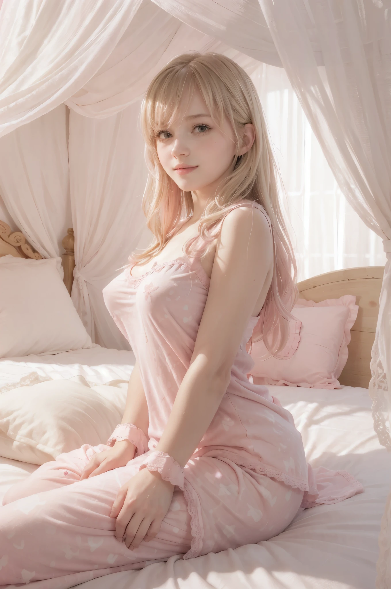 photo of mariya with long blonde hair, bang, NSFW, (petite:1.4), wearing (pink pajamas:1.3), (mastrubating:1.4),  on bed in a cute girly bedroom adorned with pastel hues and playful decor. The walls are painted in soft pinks or lavender, with a delicate floral or heart-patterned wallpaper as an accent. A canopy bed with sheer, flowy curtains creates a dreamy atmosphere. Plush stuffed animals and fluffy throw pillows in various shades of pink adorn the bed,
realistic, photorealistic,
High quality, RAW photograph, detailed background, intricate, highly detailed, sharp focus, high resolution, 8k, uhd, dslr, realistic eyes, perfect eyes,