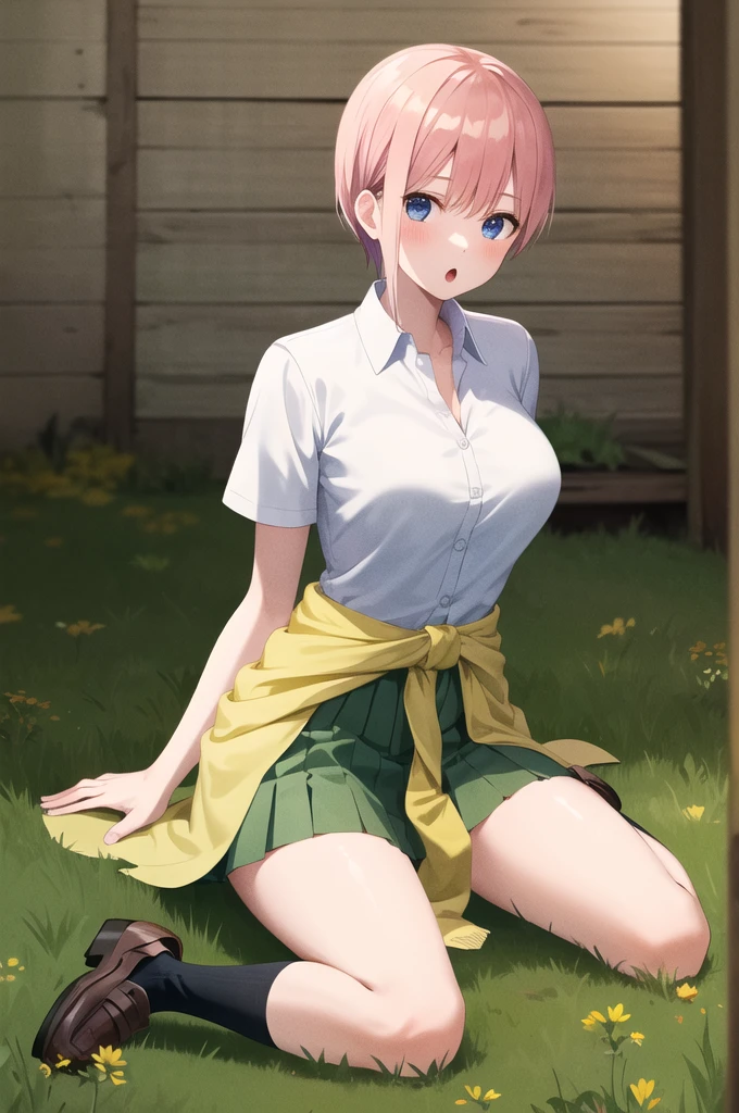 masterpiece, best quality, highres, aaichika, short hair, white shirt, collared shirt, short sleeves, clothes around waist, green skirt, pleated skirt, grass, field, wariza, :o,, socks, loafers,