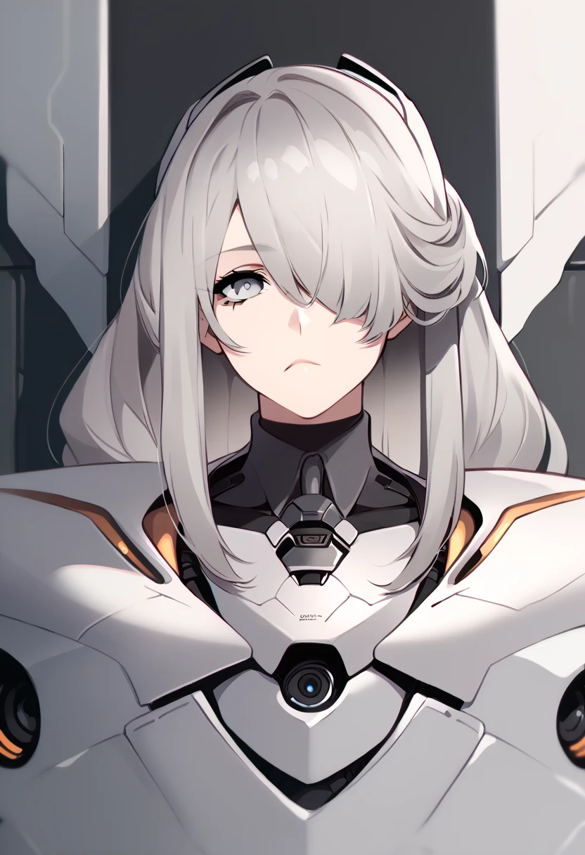 Score_9_up, Score_8_up, Score_7_up, sauce_anime, One girl, Gray Hair, Long Hair, Hair hanging over one eye, Grey Eyes, Expressionless, (bust), SF, headgear, Mecha Girl
