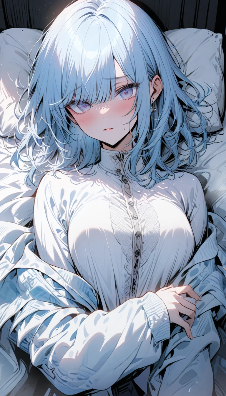 One woman,Light blue hair,Black and white clothes,bed,