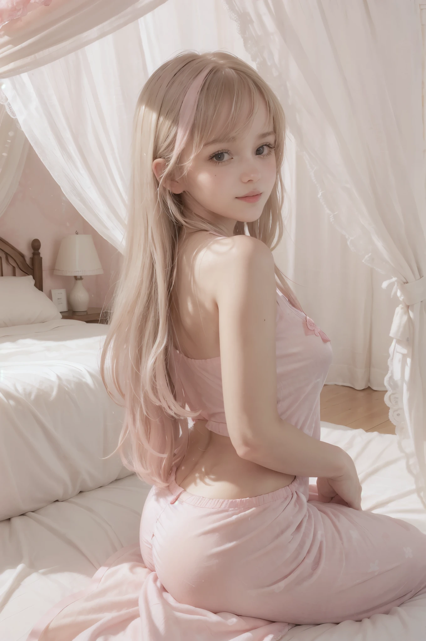 photo of mariya with long blonde hair, bang, NSFW, (petite:1.4), wearing (pink pajamas:1.3), (nipple showing:1.2), sitting on bed in a cute girly bedroom adorned with pastel hues and playful decor. The walls are painted in soft pinks or lavender, with a delicate floral or heart-patterned wallpaper as an accent. A canopy bed with sheer, flowy curtains creates a dreamy atmosphere. Plush stuffed animals and fluffy throw pillows in various shades of pink adorn the bed,
realistic, photorealistic,
High quality, RAW photograph, detailed background, intricate, highly detailed, sharp focus, high resolution, 8k, uhd, dslr, realistic eyes, perfect eyes,