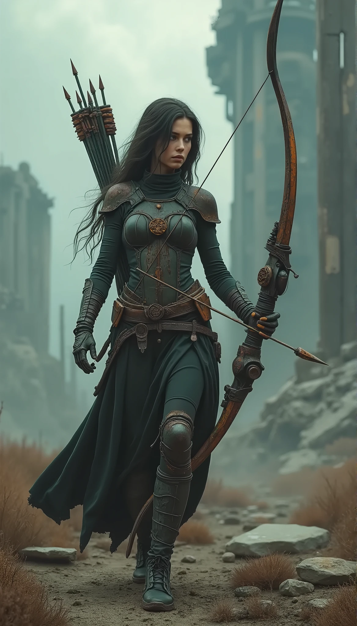 Arafed woman in a green outfit holding a bow and arrow - SeaArt AI