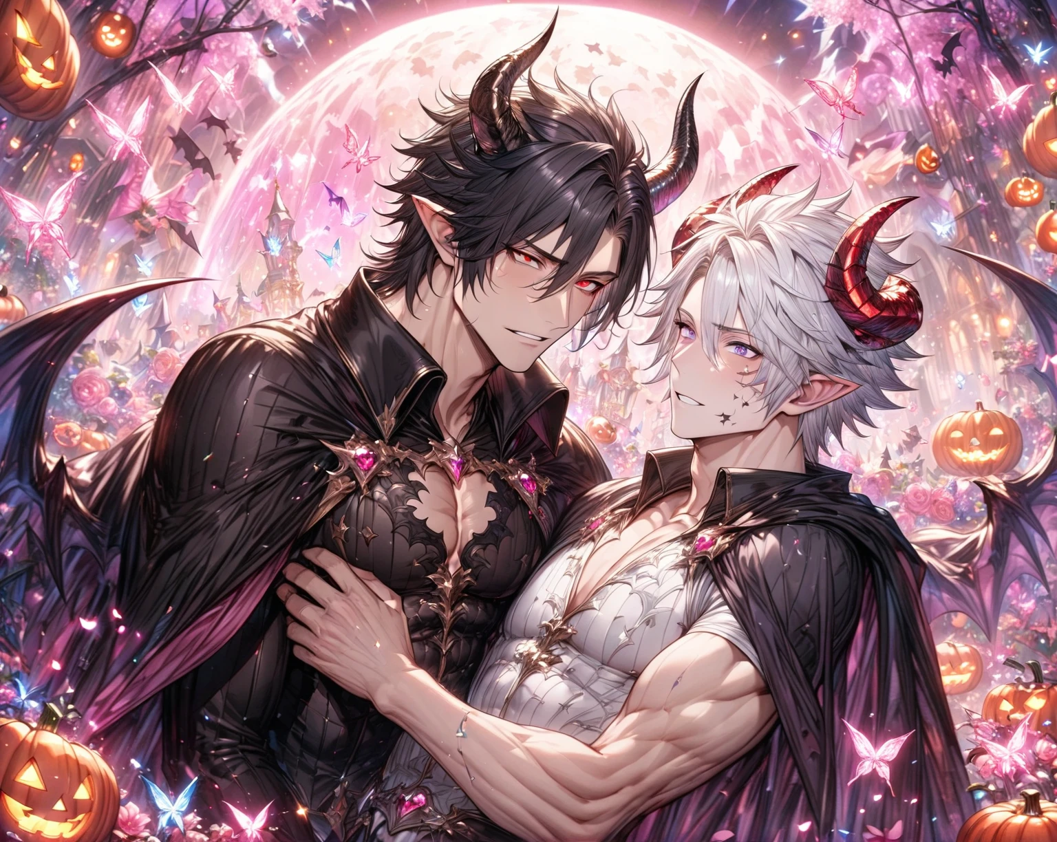 absurdres, highres, ultra detailed, HDR, master piece, best quality, Krozerus, white hair, spiked and messy hair, long hair, hair between the eyes, expressive red eyes, Dream and Legacy, Raviel, ash blonde hair, expressive blue eyes, two sexy men together, yaoi, gay couple, handsome, demon, angel, halo, slightly pointy ears, black horns, black cape, bare chest, belt around his chest, silver jewelry, silver accessories, fantasy, shining, purple flowers, blossoms, magical, purple petals