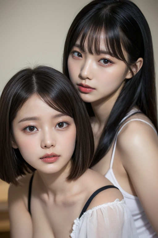 1girl, Ultra detailed skin, view, brown eyes, (shoulder-length short hair with bangs: 1.2), (photorealistic: 1.4), (best quality: 2.0), (ultra high definition: 1.0), 8K, (masterpiece: 1.5), (pureerosface_v1:1.5),butt sticking out,crawling on all fours,wearing underwear,satin fabric