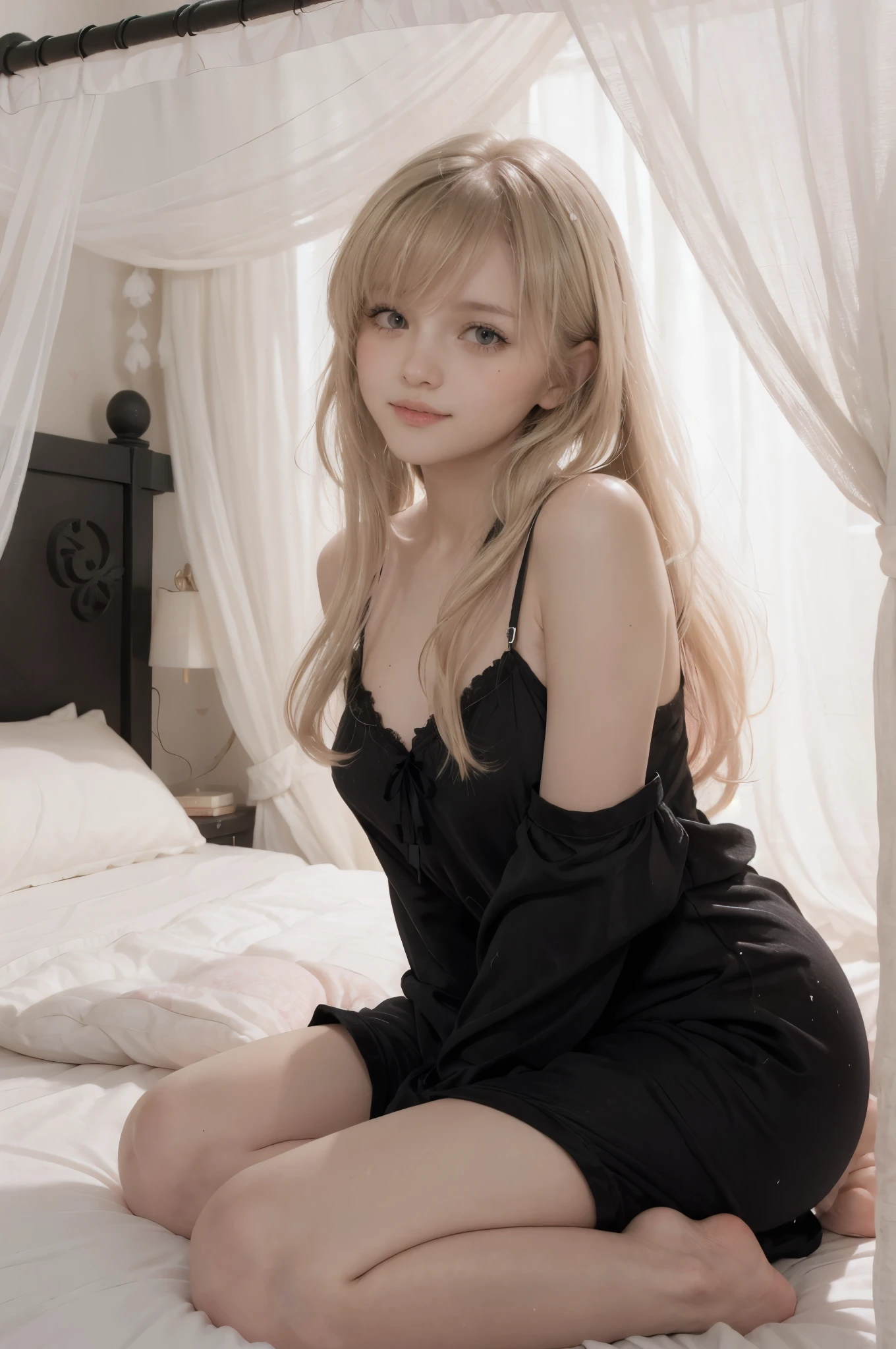 photo of mariya with long blonde hair, bang, NSFW, (petite:1.4), wearing (black pajamas:1.3), sitting on bed in a cute girly bedroom adorned with pastel hues and playful decor. The walls are painted in soft pinks or lavender, with a delicate floral or heart-patterned wallpaper as an accent. A canopy bed with sheer, flowy curtains creates a dreamy atmosphere. Plush stuffed animals and fluffy throw pillows in various shades of pink adorn the bed,
realistic, photorealistic,
High quality, RAW photograph, detailed background, intricate, highly detailed, sharp focus, high resolution, 8k, uhd, dslr, realistic eyes, perfect eyes,