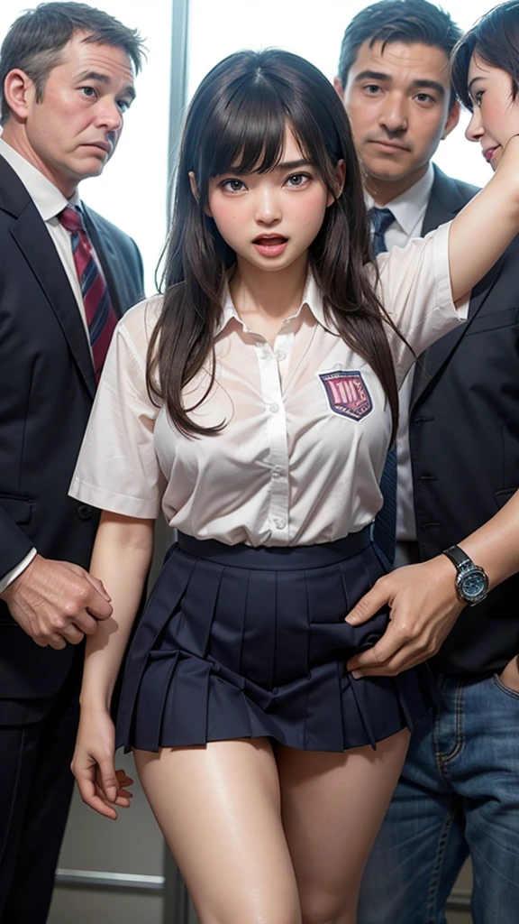 A very beautiful girl with a  and a torn school uniform walking in front of middle-aged men in sexy underwear, A beautiful woman, She is molested by horny middle-aged men and the surrounding audience in collusion., In a shameful pose, she screams with her mouth open in embarrassment.,, A close-up shot of a shy face:1.3,  Wavy princess cut, Vivid and realistic, blush, A middle-aged man gets excited when he sees a crying female student, Distorted Eyes, Ultra-high resolution, 2k, Clear white skin, Slender body, Japanese, Anatomically correct