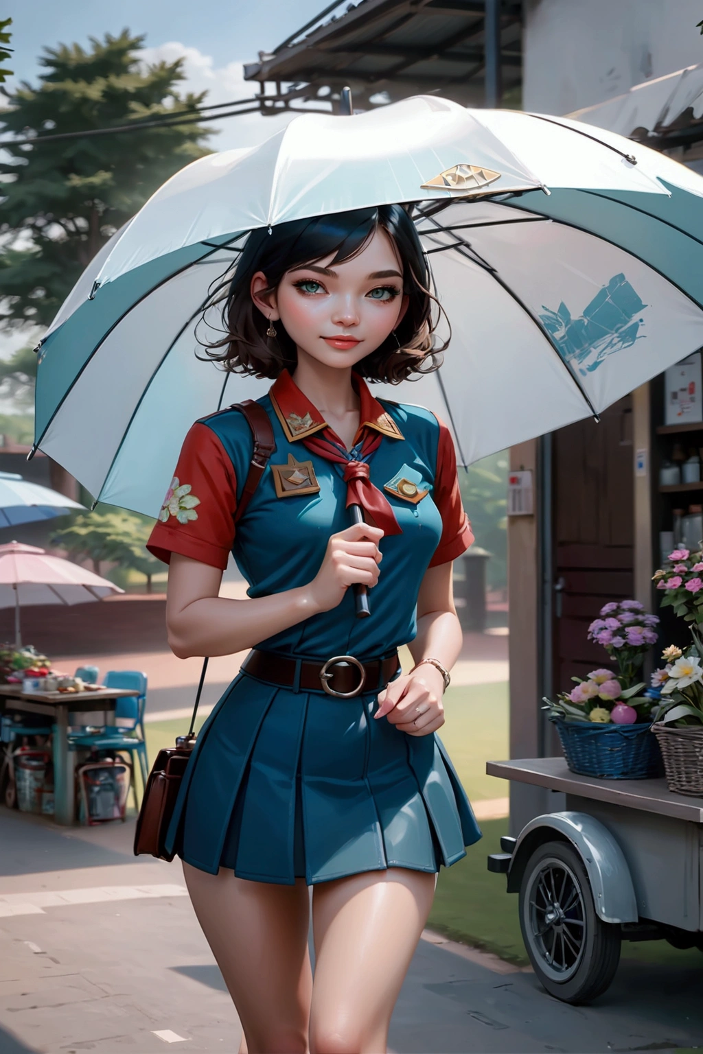 pretty woman, walking at street food market, holding an umbrella at sunny day, she has dark brown curly hair (+forehead, shoulder length hair), wearing short sleeves shirt, teal denim pencil skirt, white socks, black sandals, BREAK,((best quality,4k,8k,highres,masterpiece:1.2),ultra-detailed, (very aesthetic:1.2), (absurdres:1.2), (detailed background), intricate details, newest, sfw), (1girl, solo, full body), (japanese anime style),(expressive eyes, perfect face, perfect anatomy)