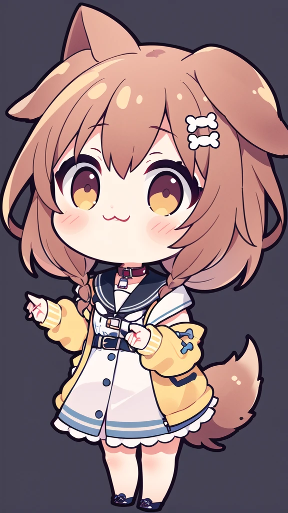 1 girl, One, whole body, simple background, Coronedefault, yellow jacket, White dress, from the shoulder, animal collar, low double braids, bone hair decoration, dog tail, dog ears, :\3