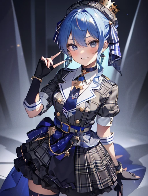 Suisei, Checkered Beret, Crown, Blue Star Choker, Star Earrings, Blue Ascot, Checked jacket, Plaid skirt, Layered skirt, Partially fingerless gloves, Star Bracelet, Mismatched legwear, Thigh straps, Long Shot,((extremely detail:1.1)),((8k)),(((beautiful detail eyes:1.1))),(evel smile),blushed,,(Idol)