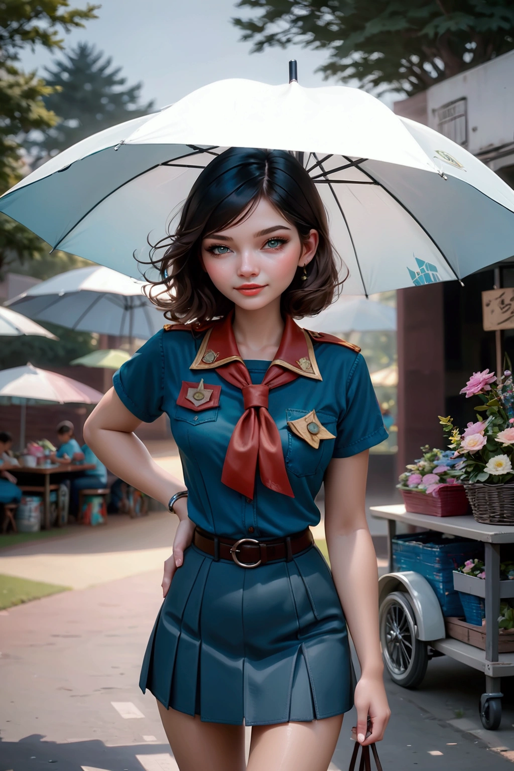 pretty woman, walking at street food market, holding an umbrella at sunny day, she has dark brown curly hair (+forehead, shoulder length hair), wearing short sleeves shirt, teal denim pencil skirt, white socks, black sandals, BREAK, (1girl, solo, full body), (best quality,4k,8k,highres,masterpiece:1.2),ultra-detailed,(realistic,photo-realistic:1.37),extremely detailed eyes and face,longeyelashes,beautiful detailed lips,beautiful detailed eyes,cinematic lighting,moody lighting,dramatic shadows,vibrant colors