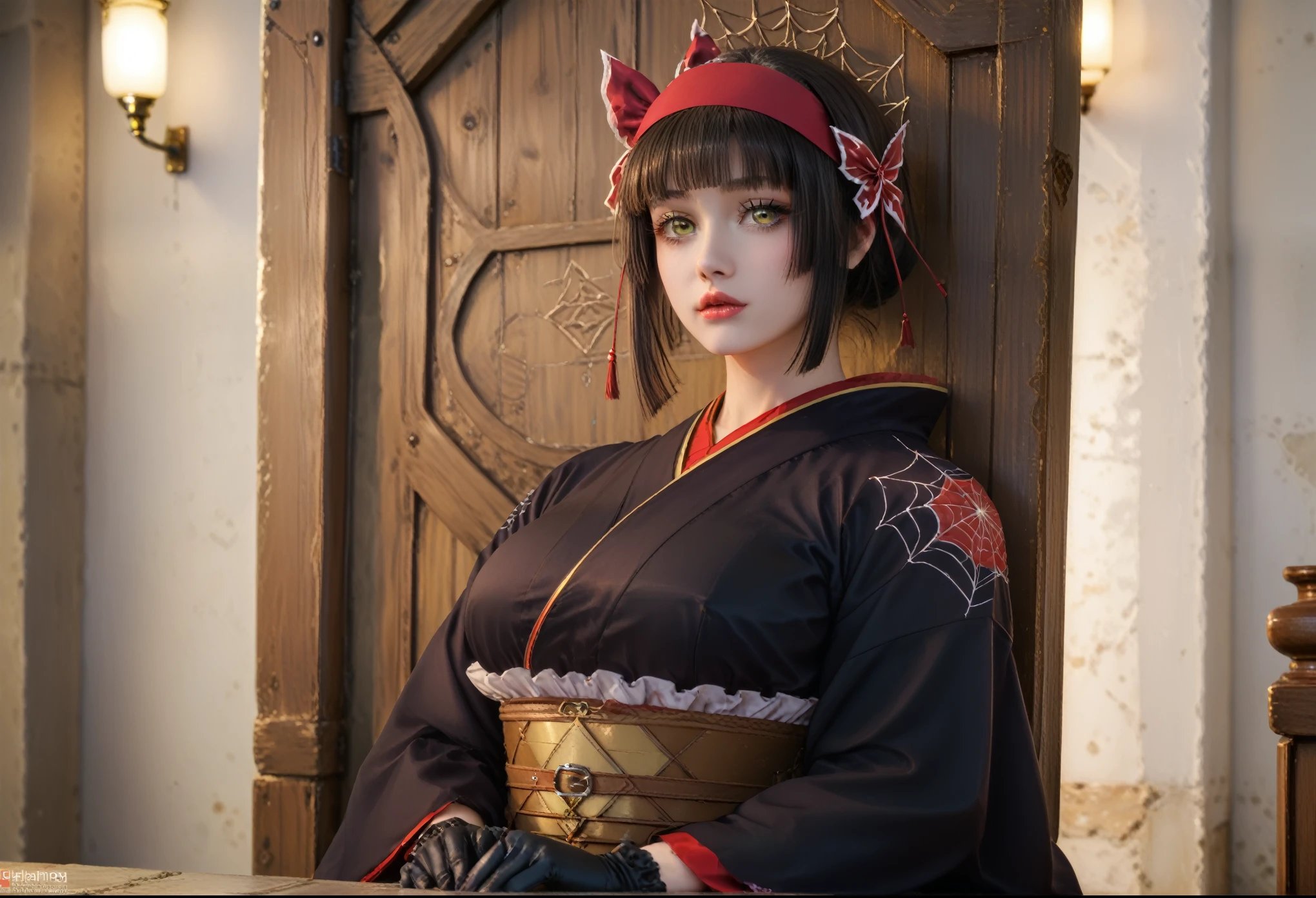 high quality, 4k, 8k, HDR, ultra-detailed, photorealistic, vivid colors, dramatic lighting, cinematic, realistic,1girl, solo, (huge breasts,large breasts:1.3),long eyelashes,thick_lips, headband,kimono,obi,gloves ,tsukimio,yellow eyes,black hair,1girl in full growth, ,  sitting high on a throne, regal expression, long elegant hair, tasteful makeup, 