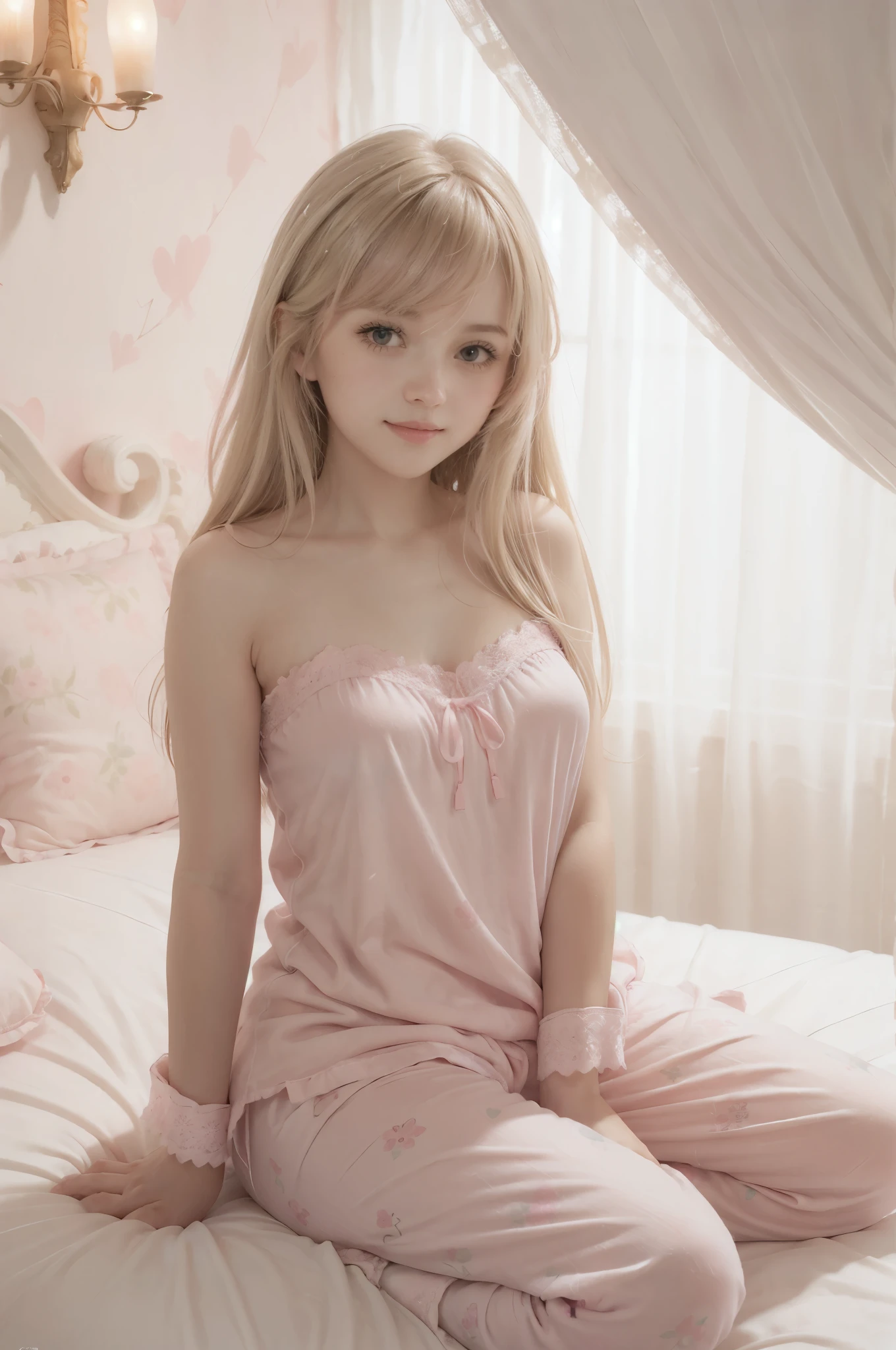 photo of mariya with long blonde hair, bang, sexy, (petite:1.4), wearing (pink pajamas:1.3), sitting on bed in a cute girly bedroom adorned with pastel hues and playful decor. The walls are painted in soft pinks or lavender, with a delicate floral or heart-patterned wallpaper as an accent. A canopy bed with sheer, flowy curtains creates a dreamy atmosphere. Plush stuffed animals and fluffy throw pillows in various shades of pink adorn the bed,
realistic, photorealistic,
High quality, RAW photograph, detailed background, intricate, highly detailed, sharp focus, high resolution, 8k, uhd, dslr, realistic eyes, perfect eyes,