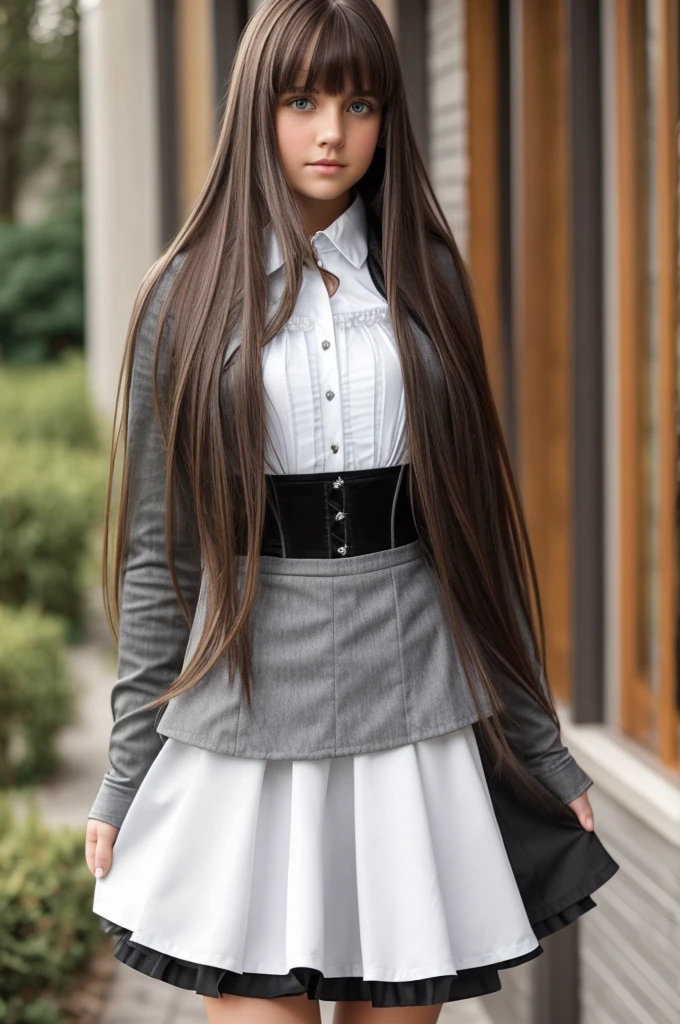 Girl about 18. green eyes. Long brown hair with bangs. Hair partially dyed blue. a white blouse. black corset. Black skirt. Dark blue knee-high boots. round face 