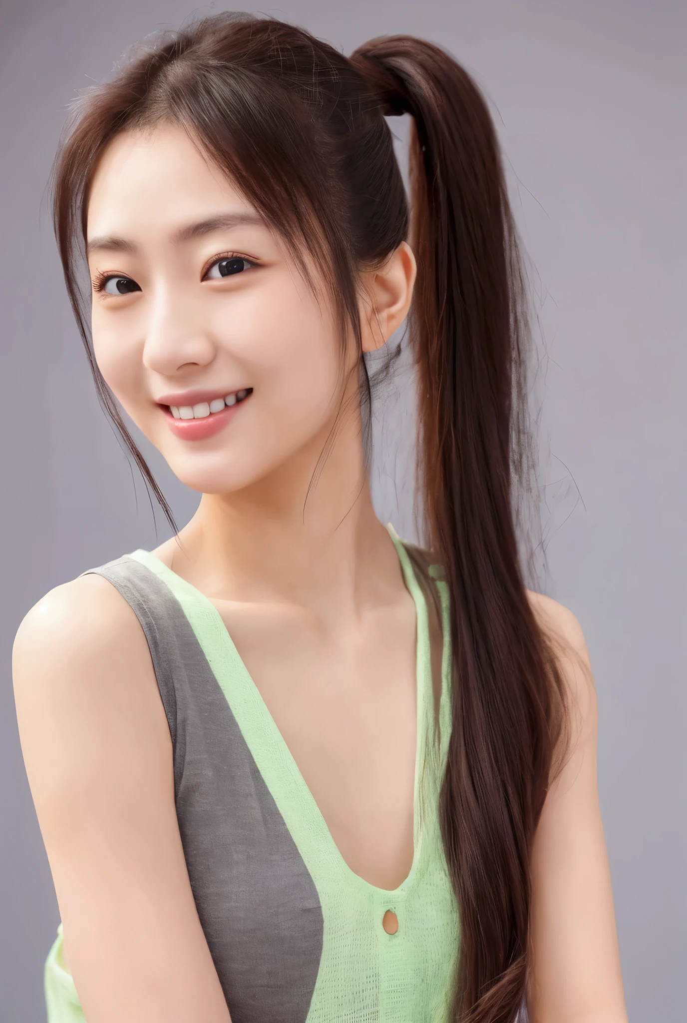 Photorealistic, brghtest smile, 18yo, ponytail hair, 1girl, seeing the viewer,