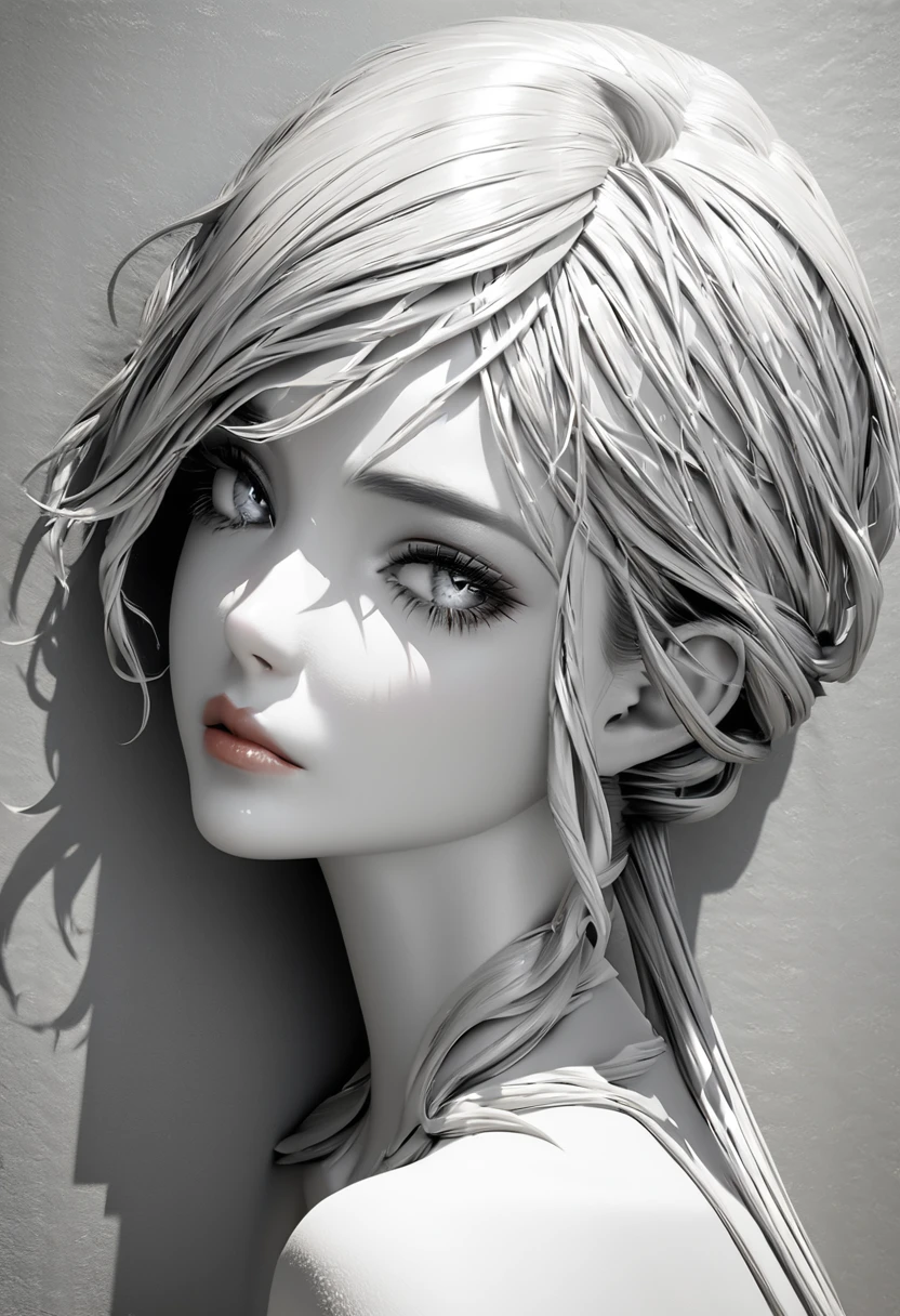 monochrome, pencil art, cool beauty with languid expression, attractive eyes, sexy lips, portrait, BREAK delicate dynamic texture, light and shadow contrast, 3D rendering, artistic photography, ultra-realistic, digital graphic CG, BREAK ultra-detailed, absolute resolution, highest quality