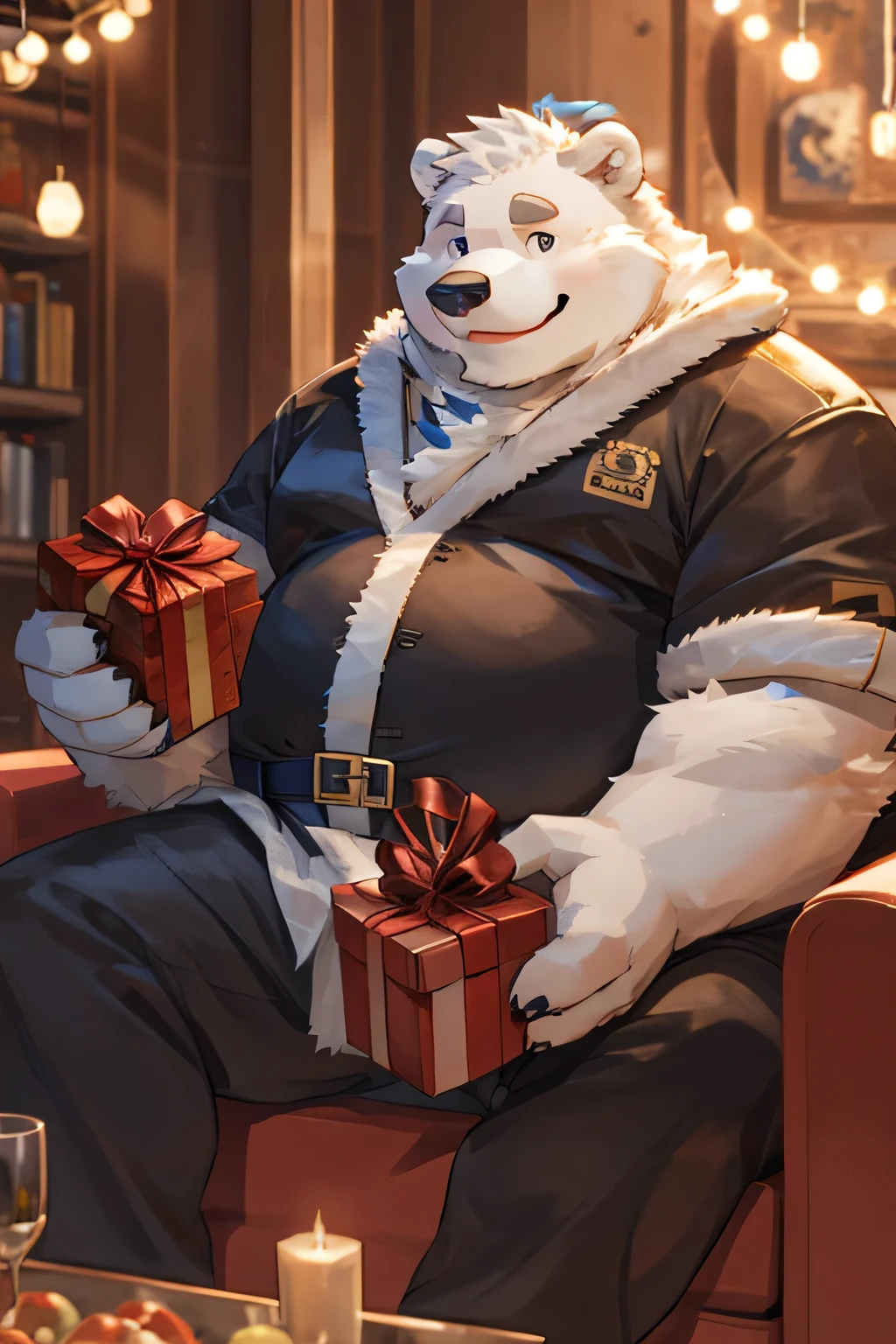 White bear in red Santa costume，Sitting on the sofa，overweight，With a smile，kindly，Holding a gift in hand，