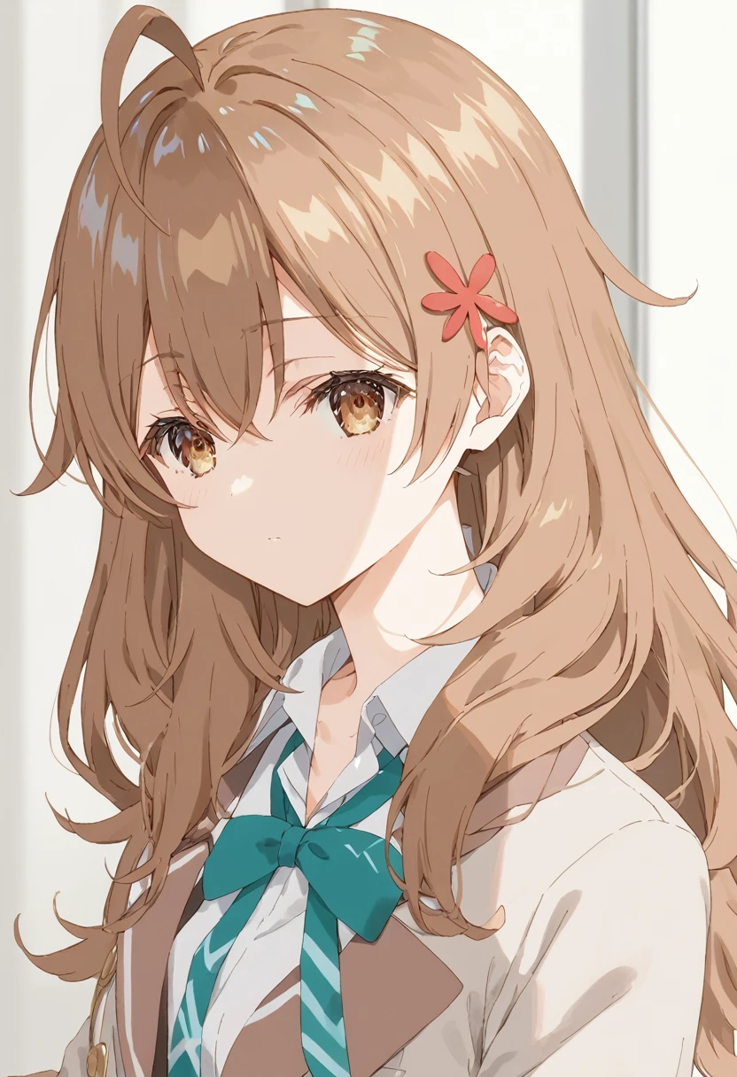 Score_9, Score_8_up, Score_7_up, source_anime, mariamikhailovnakujou,mariamikhailovnakujou, long hair, bangs, brown hair, hair ornament, hair between the eyes, brown eyes, Ahoge,