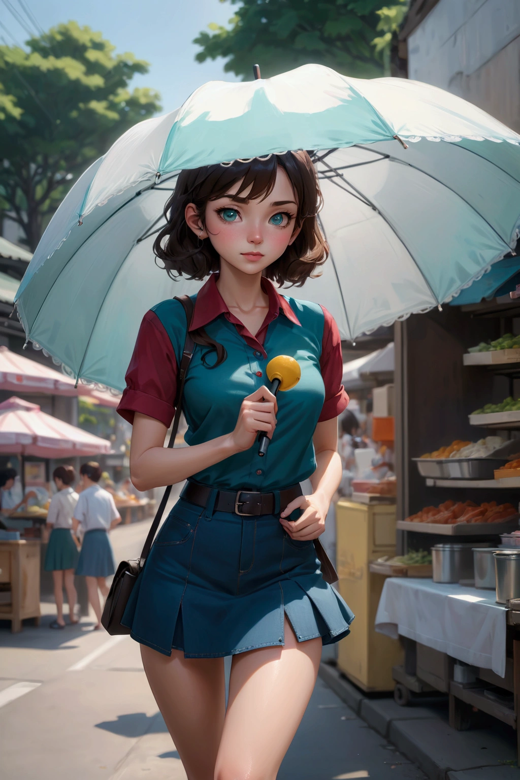 pretty woman, walking at street food market, holding an umbrella at sunny day, she has dark brown curly hair (+forehead, shoulder length hair), wearing short sleeves shirt, teal denim pencil skirt, white socks, black sandals, BREAK,((best quality,4k,8k,highres,masterpiece:1.2),ultra-detailed, (very aesthetic:1.2), (absurdres:1.2), (detailed background), intricate details, newest, sfw), (1girl, solo, full body), (japanese anime style),(expressive eyes, perfect face, perfect anatomy)