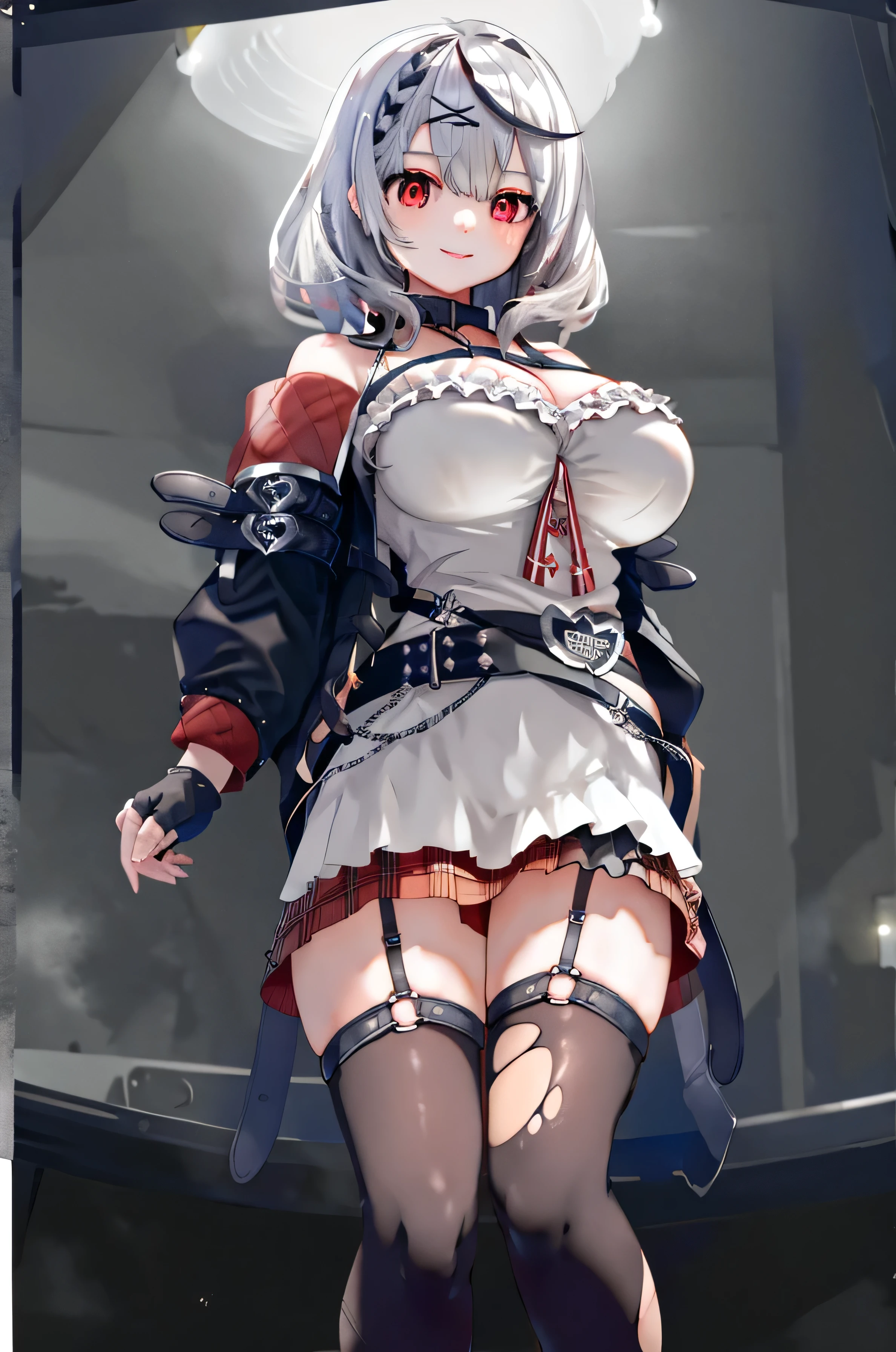 Best Quality, Ultra HD, Ultra-high resolution, All colors are deepened, high color, Extremely high color saturation, 1girl, Alone, deep red eyes, sakamata chloe, garter straps, fingerless gloves, torn thigh highs, grey hair, multicolored hair, plaid skirt, cleavage, X Hair Ornament, red skirt, black collar, White camisole, breasts, braid, black belt, medium hair, black jacket, (Big Breasts:1.6), Perfect body, (whole body:1.3), Angle from below, Fine skin, Finger ratios are adjusted, Dramatic Shadows, Firm breasts, (Shiny skin:1.1), High Contrast, smile, Attention to detail, feet, shoes, Focus on this person, Main road at night