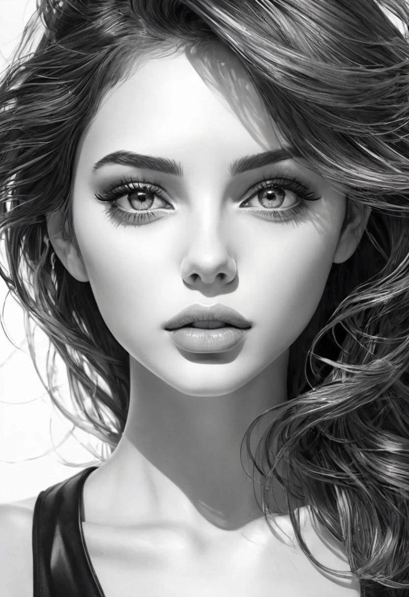 monochrome, pencil art, cool beauty with languid expression, attractive eyes, sexy lips, portrait, BREAK delicate dynamic texture, light and shadow contrast, 3D rendering, artistic photography, ultra-realistic, digital graphic CG, BREAK ultra-detailed, absolute resolution, highest quality