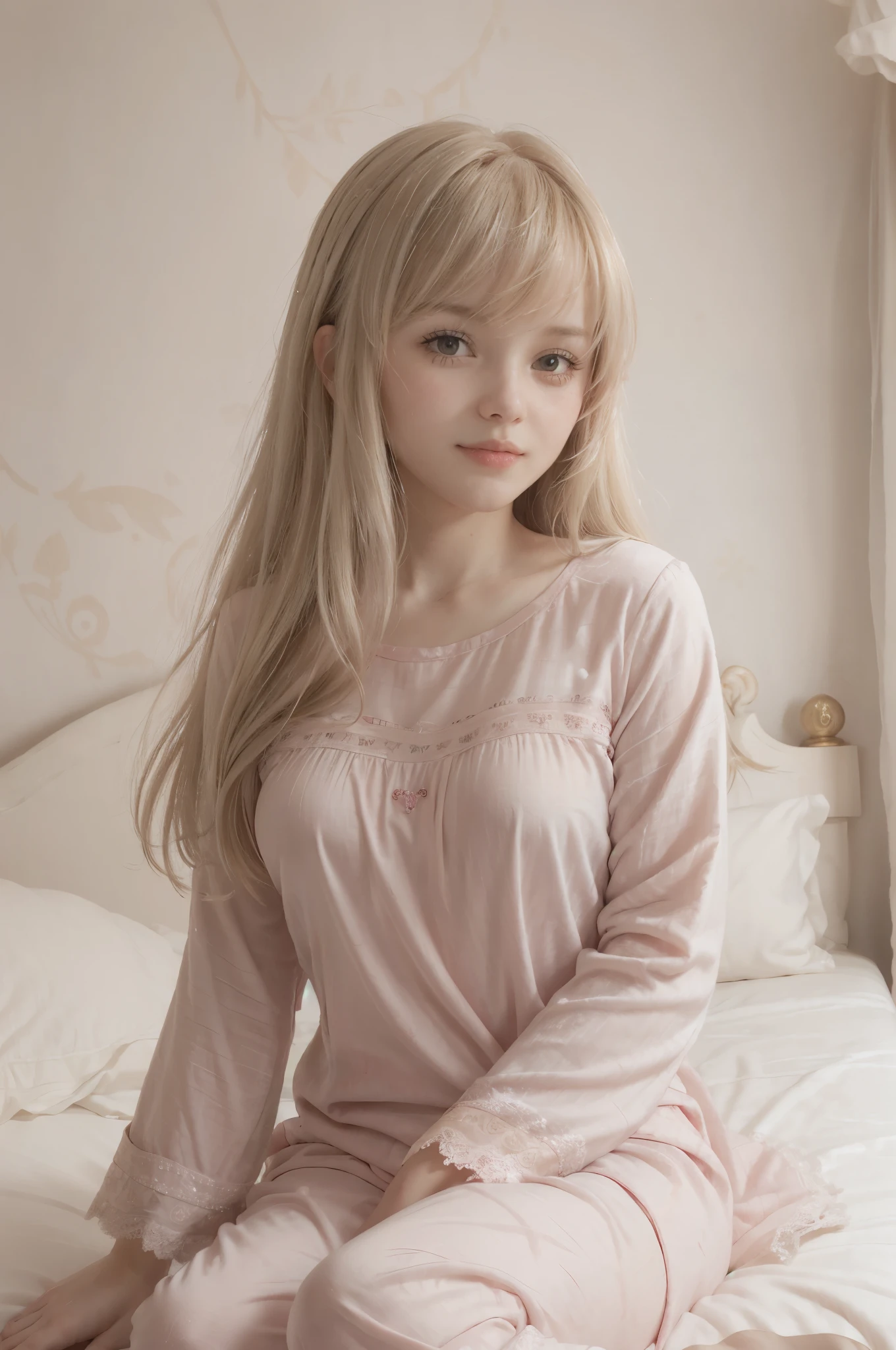 photo of mariya with long blonde hair, bang, sexy, (petite:1.4), wearing (Ruby pajamas:1.3), sitting on bed in a cute girly bedroom adorned with pastel hues and playful decor. The walls are painted in soft pinks or lavender, with a delicate floral or heart-patterned wallpaper as an accent. A canopy bed with sheer, flowy curtains creates a dreamy atmosphere. Plush stuffed animals and fluffy throw pillows in various shades of pink adorn the bed,
realistic, photorealistic,
High quality, RAW photograph, detailed background, intricate, highly detailed, sharp focus, high resolution, 8k, uhd, dslr, realistic eyes, perfect eyes,