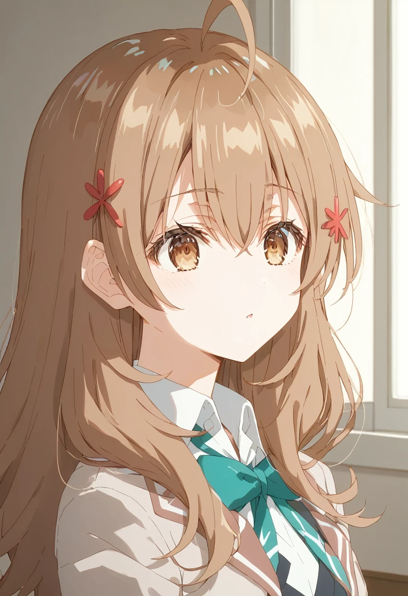 Score_9, Score_8_up, Score_7_up, source_anime, mariamikhailovnakujou,mariamikhailovnakujou, long hair, bangs, brown hair, hair ornament, hair between the eyes, brown eyes, Ahoge,