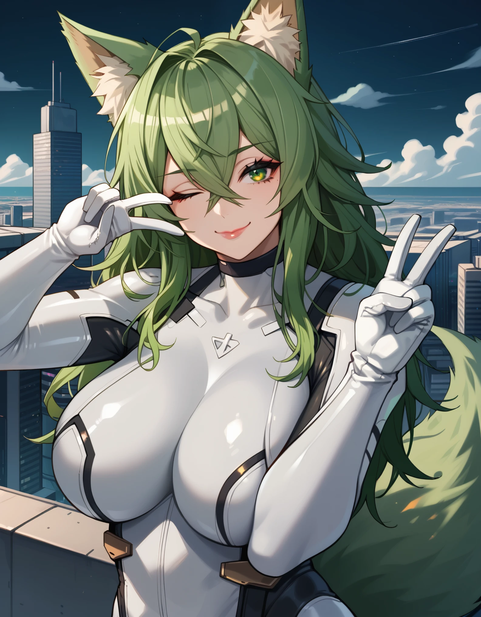 score_9, score_8_up, score_7_up, 1girl, milf, solo, monster girl, (kitsune), kilo, (huge breasts:1.1), (((green hair), long hair, hair between eyes, crossed bangs, green eyes, one eye closed, green fox ears, green fox tail)), lipstick, purple lips, (((white plugsuit, white gloves))), ((light smile), closed mouth), (peace sign, v, rooftop, futuristic cityscape, dark sky, cloudy sky))