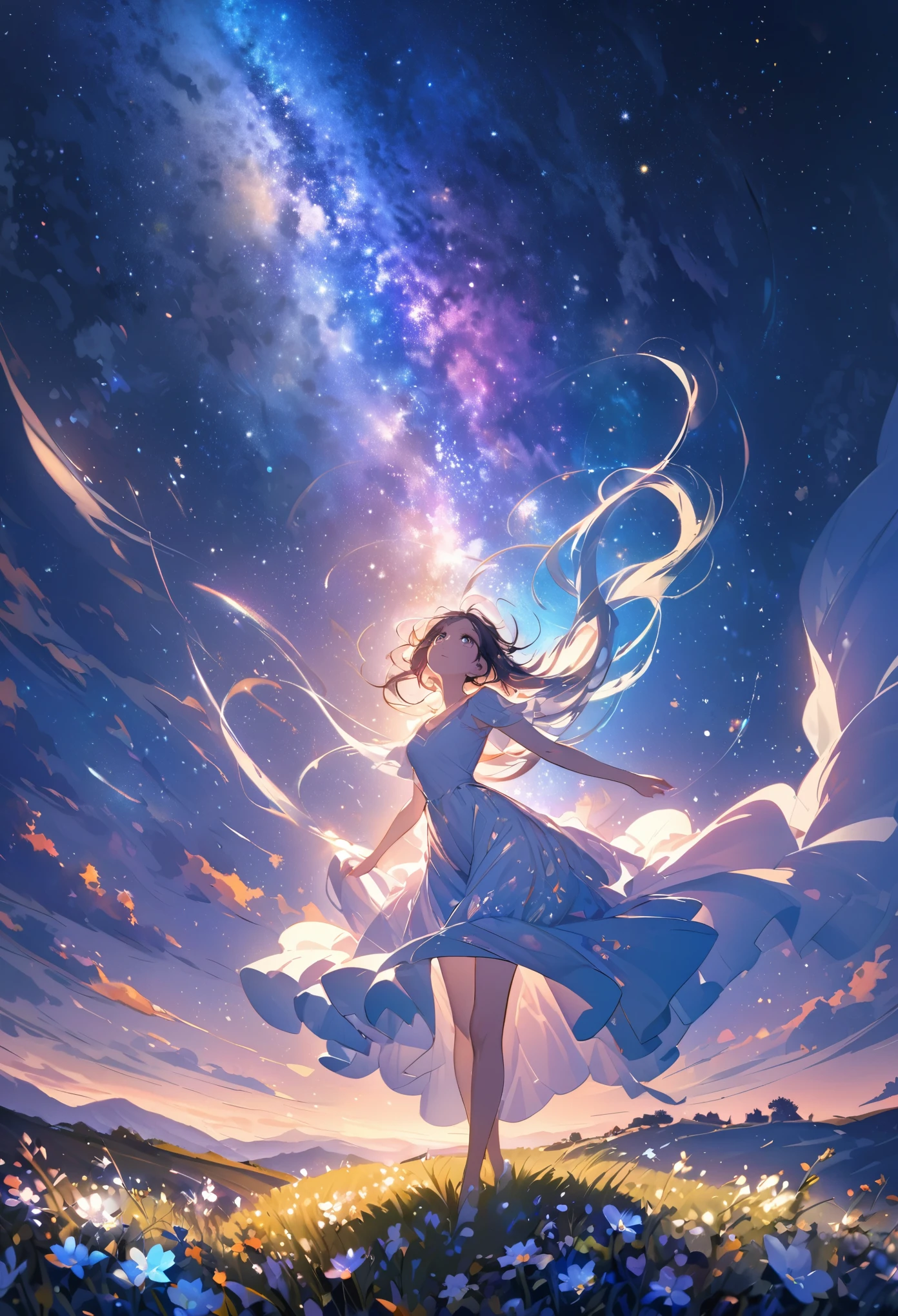 Milky Way in the sky, a pretty  looking up at the Milky Way, posture is pinned in close-up body, landscape with dancing wind and flowers, painting with beautiful expression of light, the girl is standing as if dancing