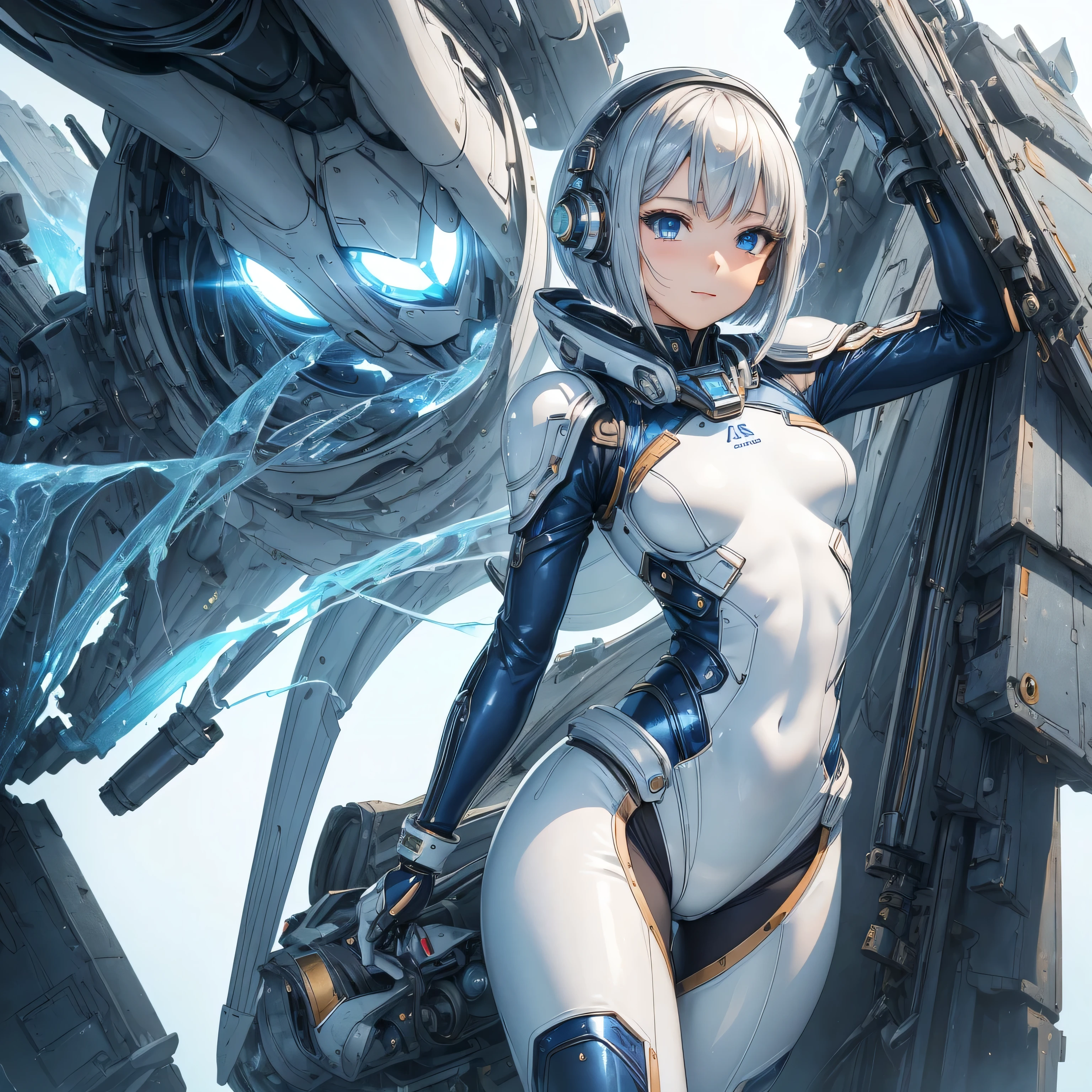 (masterpiece、Best Quality、Highest Resolution、Clear_image、Detailed details): (Whole body、A 20 year old girl、Japanese Faces、Small Face、Slender、Navy blue super short bob cut hair、(Hidden small breasts:1.3)、Sparkling blue eyes、Shiny pilot suit in white, blue and black colors、Chest protection armor、Tight fitting clothes、Clothing that covers the whole body、Glamorous clothes、Tight Fit Pants、Hide your skin、Very delicate and beautiful、Detailed Skin、Hide your thighs、Hide your ass、Cute、A gentle smile、Soft expression、heroine、Headset、Long boots、Elbow-length gloves、Eye Level Shot、Peace talks between warring factions,attention arousal, Clever Blue Eyes,Face directly、Woman on a spaceship)