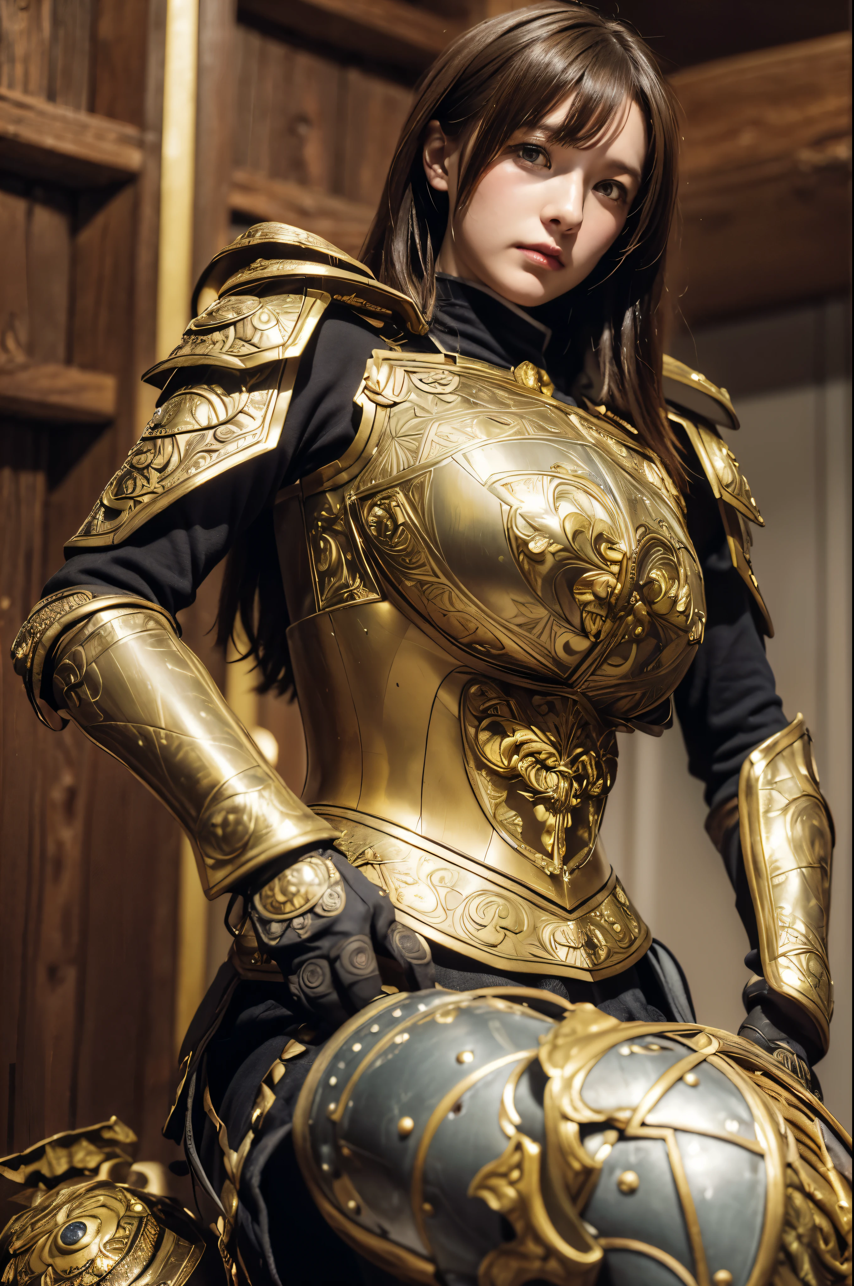 (((anime-style art))), (fantasy-themed), (((high resolution))), masterpiece,((female templar knight)), (in her (30s)). busty figure, beautiful eyes, beautiful face, beautiful expressions, long hairs, ((a armor made up of bronze and gold))((The armor details include a finely sculpted breastplate with ornate engravings, intricate filigree patterns on pauldrons and gauntlets, and a warm, slightly aged patina ))(((three-quarter shot)))