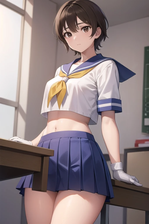 sakurakasugano, sakura kasugano, (brown eyes:1.7), brown hair, short hair,
BREAK ankle socks, blue skirt, crop top, headband, midriff, miniskirt, navel, sailor collar, school uniform, shoes, short sleeves, skirt, sneakers, socks, stomach, shirt, white shirt, white headband, gloves, red gloves,
BREAK cowboy shot, looking at viewer,
BREAK indoors, classroom,
BREAK (masterpiece:1.2), best quality, high resolution, unity 8k wallpaper, (illustration:0.8), (beautiful detailed eyes:1.6), extremely detailed face, perfect lighting, extremely detailed CG, (perfect hands, perfect anatomy),