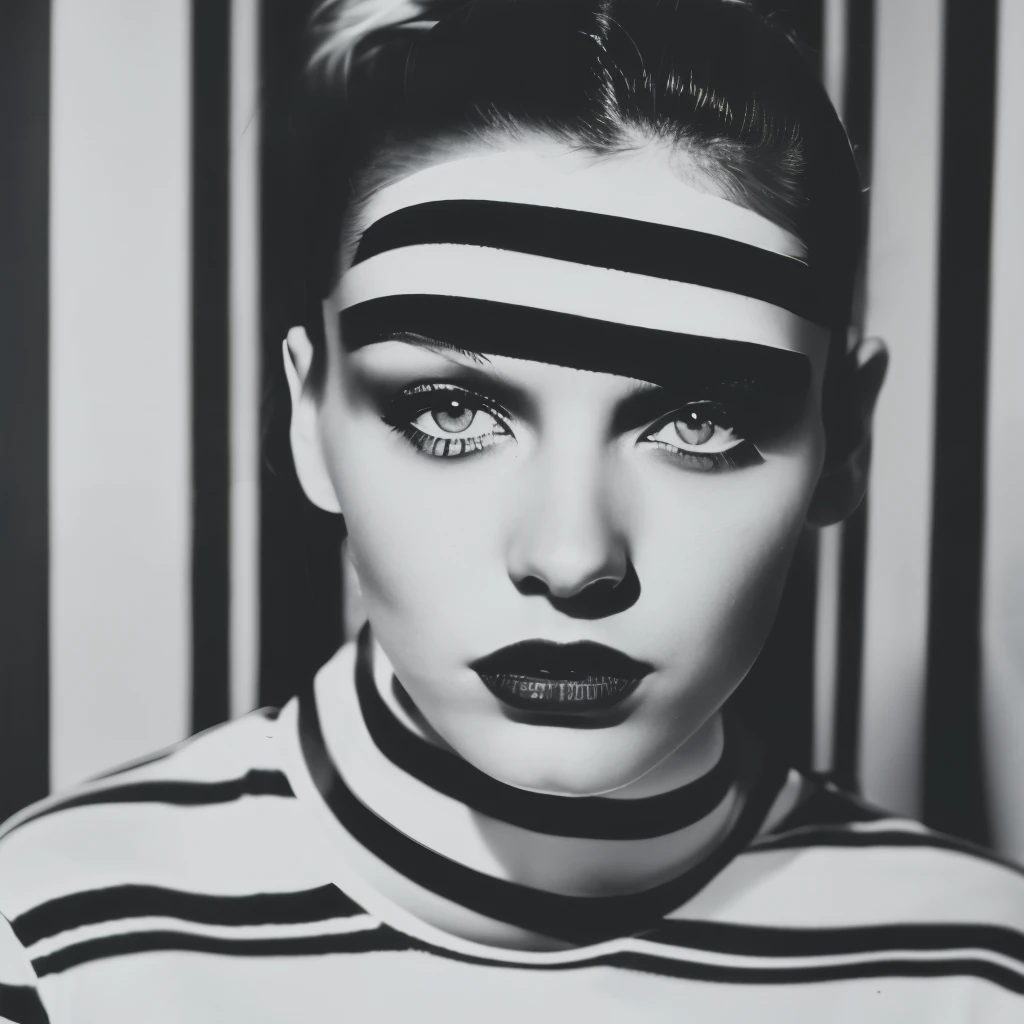 Op Art Fashion, Black and White, Optical illusion, Contoured curves、Model with stripes across her face