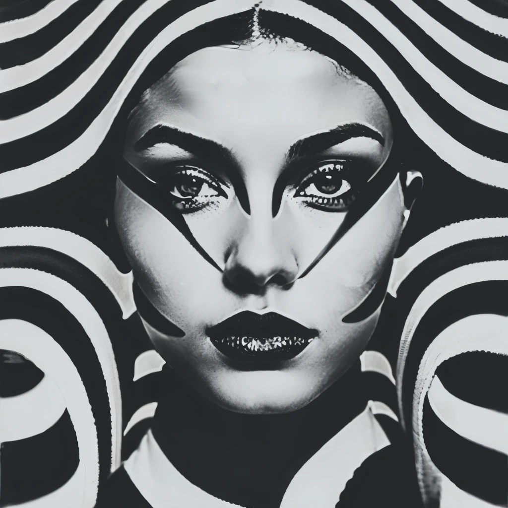 Op Art Fashion, Black and White, Optical illusion, Contoured curves、Model with stripes across her face