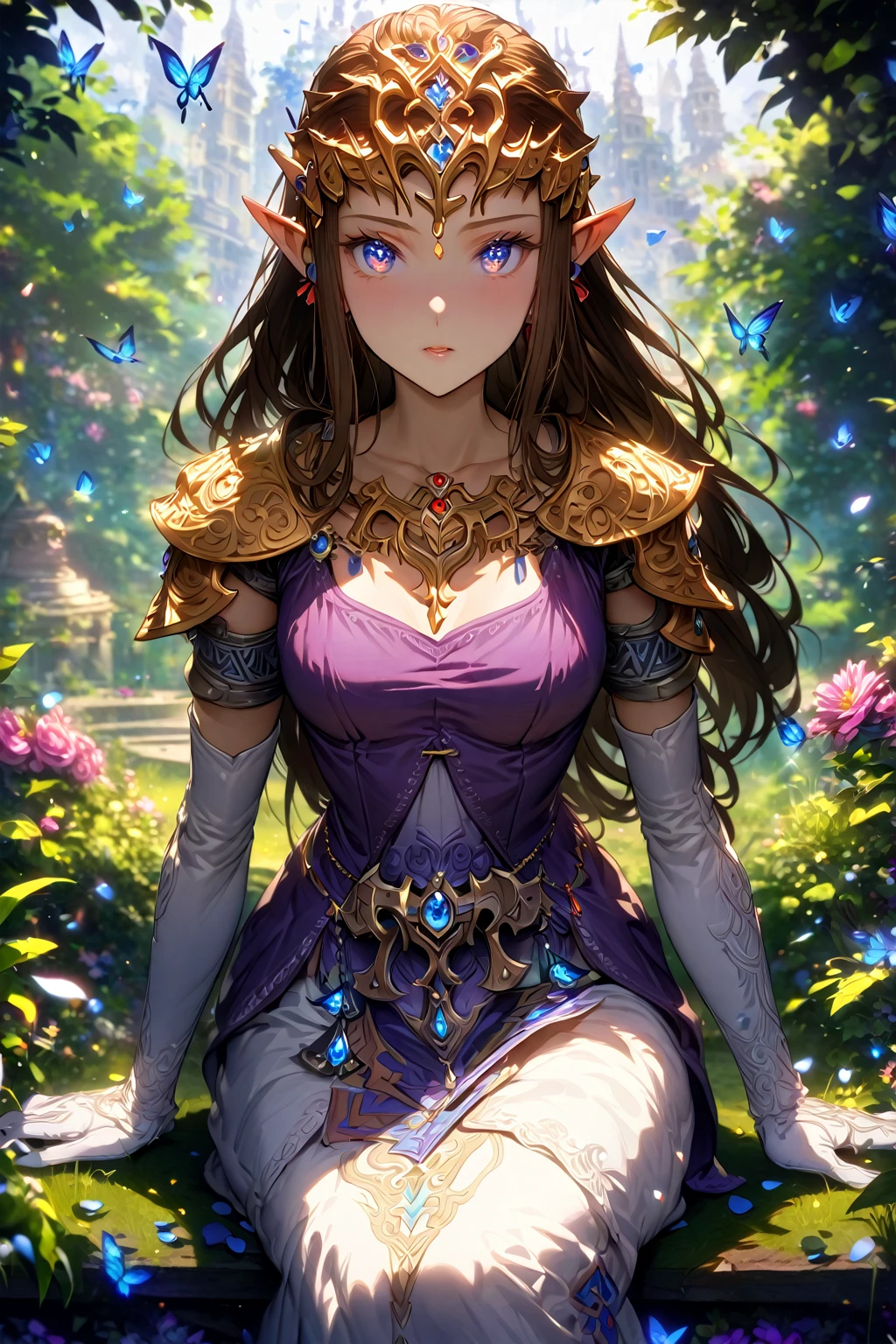 absurdres, highres, ultra detailed, HDR, master piece, Zelda, brown hair, expressive blue eyes, woman sitting, best quality, The Legend Of Zelda (Twilight Princess), solo, sensual, extremely beautiful, petals, white and purple dress, white long gloves, detailed face, glittering eyes, detailed eyes, garden, accessories, blue butterflies,