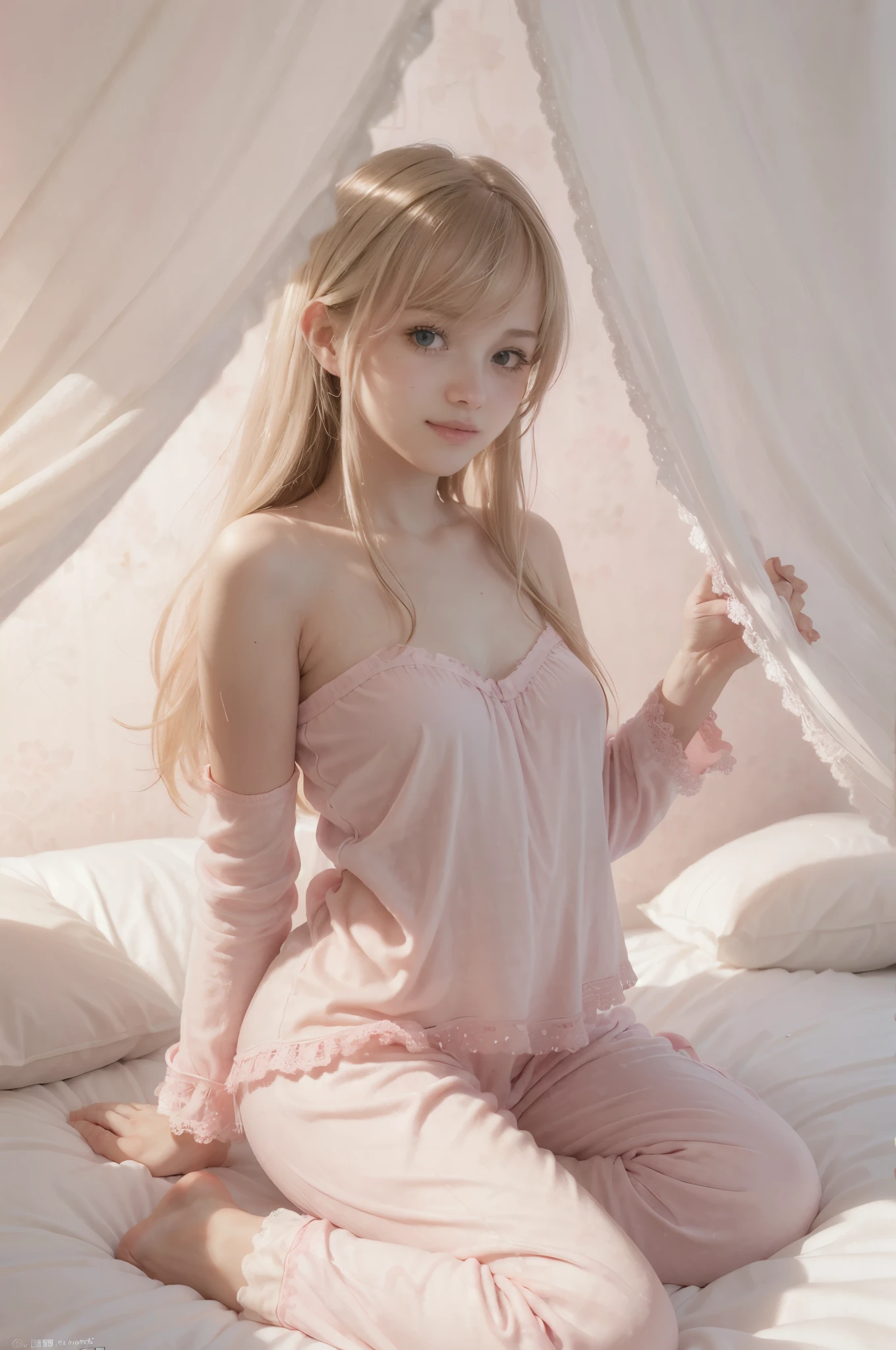 photo of mariya with long blonde hair, bang, NSFW, (petite:1.4), wearing (pink pajamas:1.3), (mastrubating:1.4),  on bed in a cute girly bedroom adorned with pastel hues and playful decor. The walls are painted in soft pinks or lavender, with a delicate floral or heart-patterned wallpaper as an accent. A canopy bed with sheer, flowy curtains creates a dreamy atmosphere. Plush stuffed animals and fluffy throw pillows in various shades of pink adorn the bed,
realistic, photorealistic,
High quality, RAW photograph, detailed background, intricate, highly detailed, sharp focus, high resolution, 8k, uhd, dslr, realistic eyes, perfect eyes,