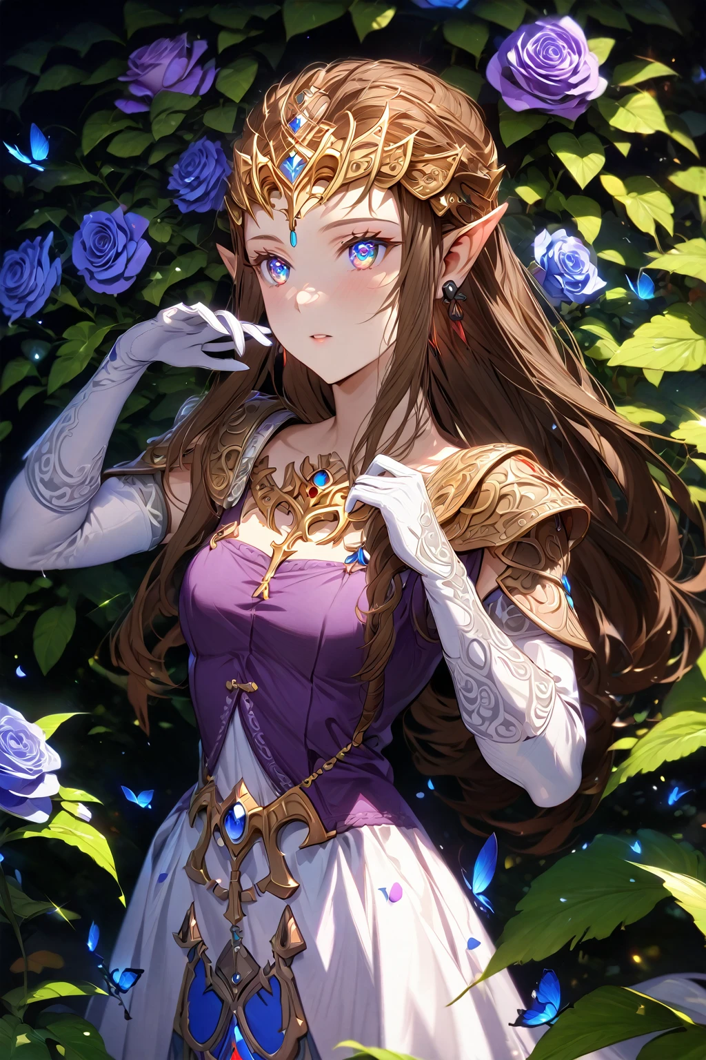 absurdres, highres, ultra detailed, HDR, master piece, Zelda, brown hair, expressive blue eyes, woman, best quality, The Legend Of Zelda (Twilight Princess), solo, sensual, extremely beautiful, petals, white and purple dress, white long gloves, detailed face, glittering eyes, detailed eyes, garden, accessories, blue butterflies, roses