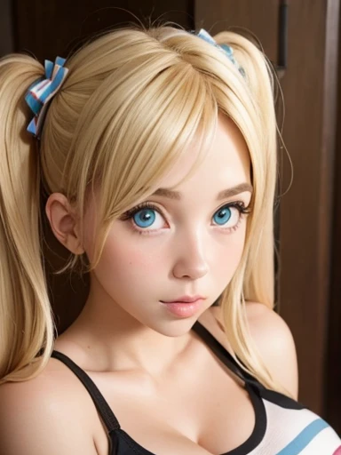 Close-up of a blonde girl with pigtails and huge tits, cute face and looking at the viewer 