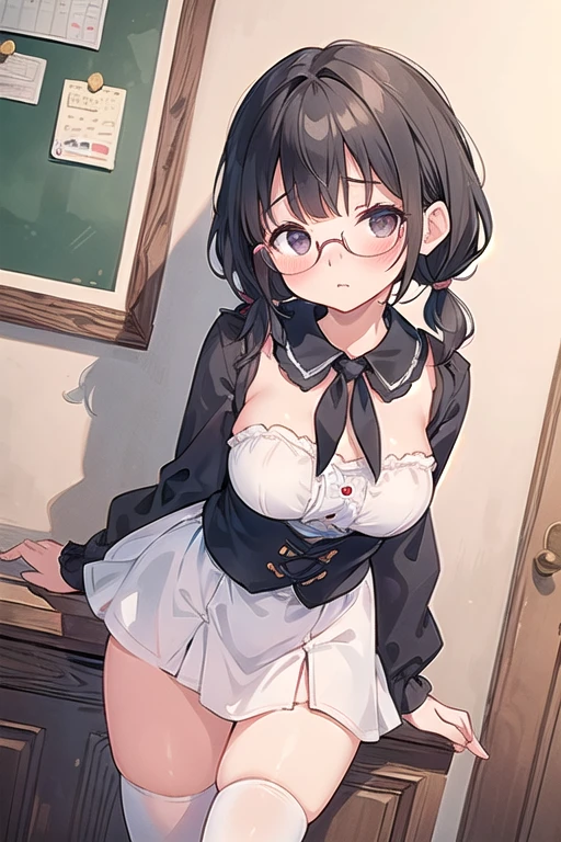 (masterpiece), (highest quality), ((Super detailed))、(super delicate)、Cute naughty peasant woman、Pastel colors hair、medium breasts、Thighs、Gorgeous、black hair, short hair, (low twintails:1.2), glasses, standard height, (anxious face:1,2、blush:1.2, quiet personality:1.2), (naked), nfsw, sweat, (cum in vaginal:1.3), vaginal sex