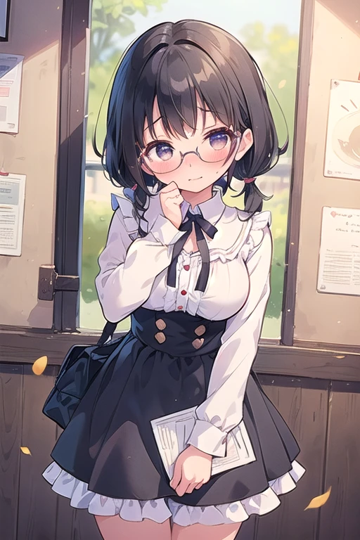 Maid in braids with round glasses,I have very short bangs,White long-sleeved blouse with a thin black ribbon,Corset Dresses,big breasts,closes mouth