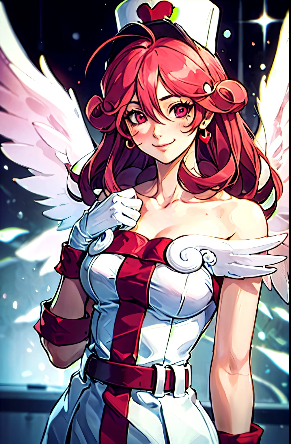 fairy lily injection, pink eyes, angel wings, bare shoulders, belt, blush, collarbone, duel monster, Gloves, hair between the eyes, heart, long hair, nurse, smile, large syringe,    absurdres, ultra DETAILED, masterpiece, The best quality, aesthetic, DETAILED,