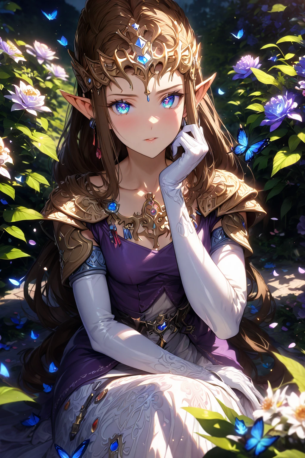 absurdres, highres, ultra detailed, HDR, master piece, Zelda, brown hair, expressive blue eyes, woman sitting, best quality, The Legend Of Zelda (Twilight Princess), solo, sensual, extremely beautiful, petals, white and purple dress, white long gloves, detailed face, glittering eyes, detailed eyes, garden, accessories, blue butterflies, flowers