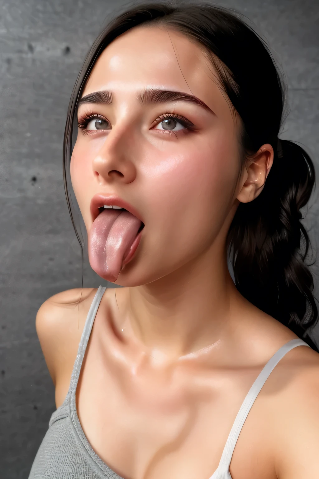 Taylor Hill、High resolution and realistic photos,8k,Realistic skin texture,1 girl,Tabletop,Award-winning photography, Very detailed, Close your eyes, Nose and mouth,Face Focus, Face close-up、Woman with open mouth and close your eyes, Black camisole、20 years old,Black-haired、Symmetrical face,Realistic nostrils、Angle from below((Gray background))、Sweaty skin、Lighting that emphasizes glowing skin caused by sweat、((Large and very detailed nose))Sweaty, Shiny skin、Glowing Skin、Sweaty hair、sunlight、(Brow wrinkles)((Frowning))（cum on tongue)、Deep Kiss、((Thin eyebrows))((Oily skin、Glowing Skin))、double eyelid、Wet and shiny tongue、Hair tied up、updo、Please lift your head(((Long Tongue, Saliva traces)))((Super wet skin))(((The nasal septum appears wide[[profile,nasal septum,[[profile)))((Beautiful long eyelashes,Beautiful detailed eyes))