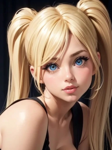 Close-up of a blonde girl with pigtails and huge tits, cute face and looking at the viewer 